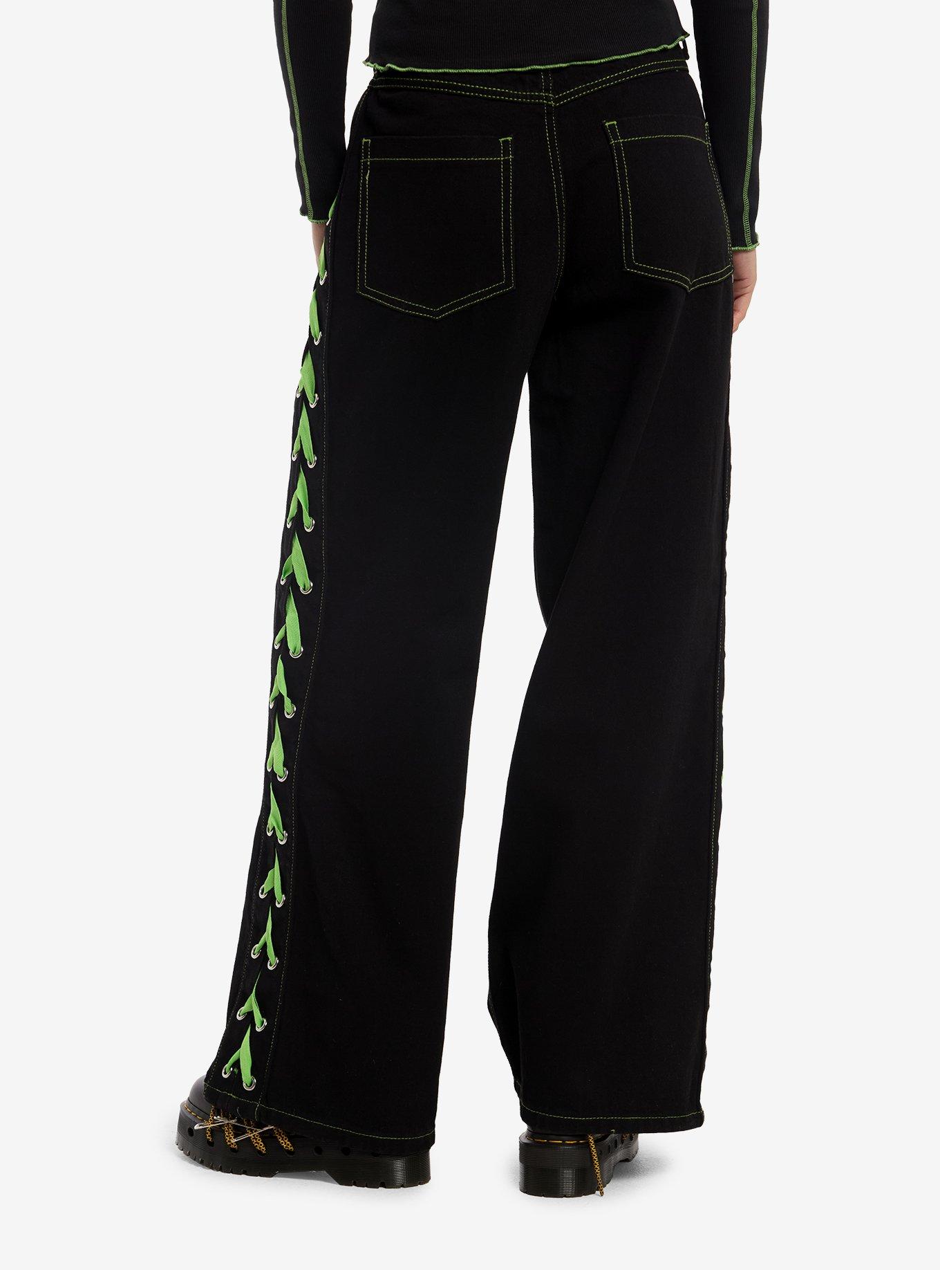Black & Neon Green Lace-Up Wide Leg Jeans, , hi-res