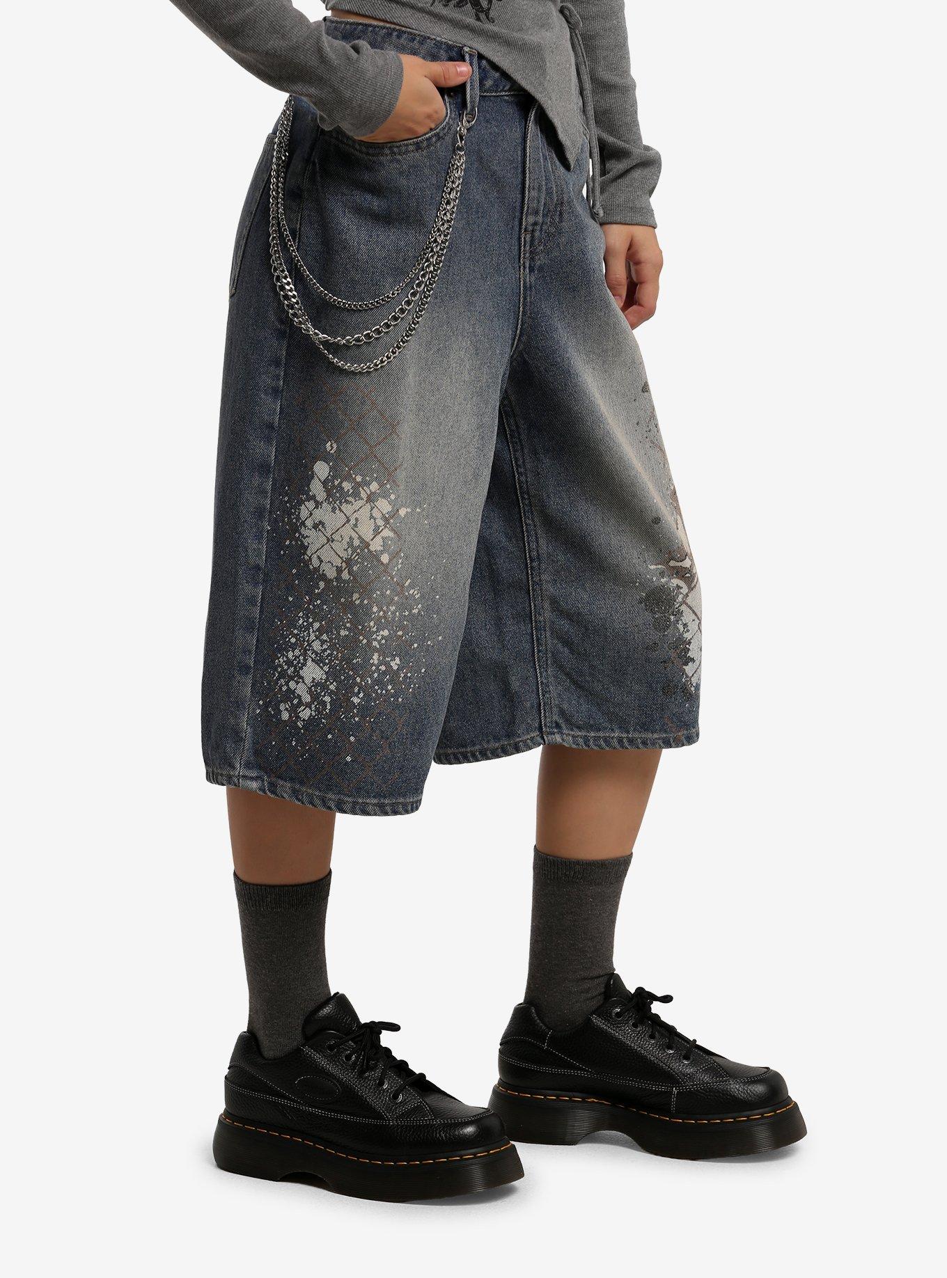 Fence Print Paint Splatter Jorts With Side Chain - thumbnail 3