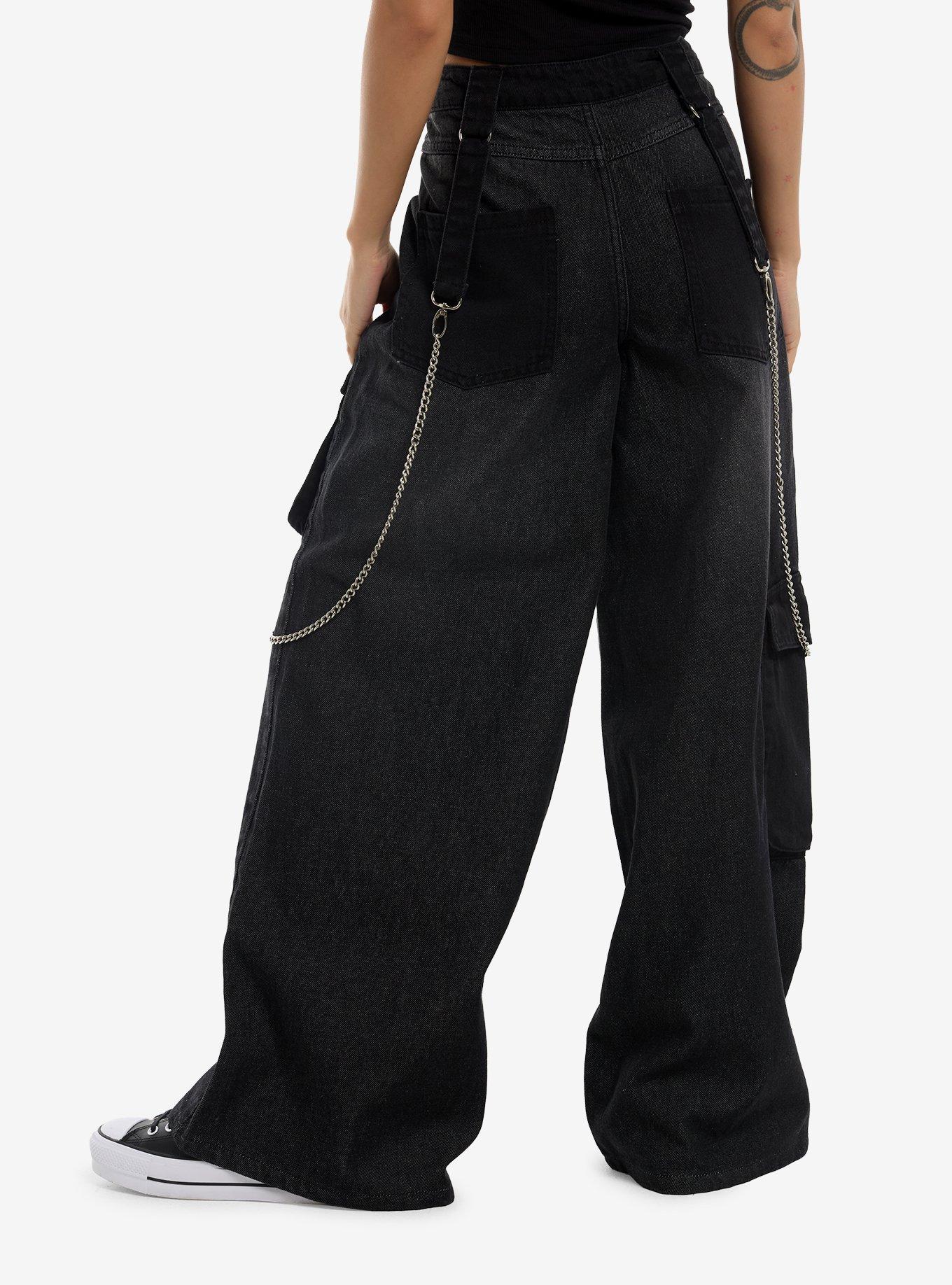 Black Cross Patch Side Chain Wide Leg Jeans, , hi-res