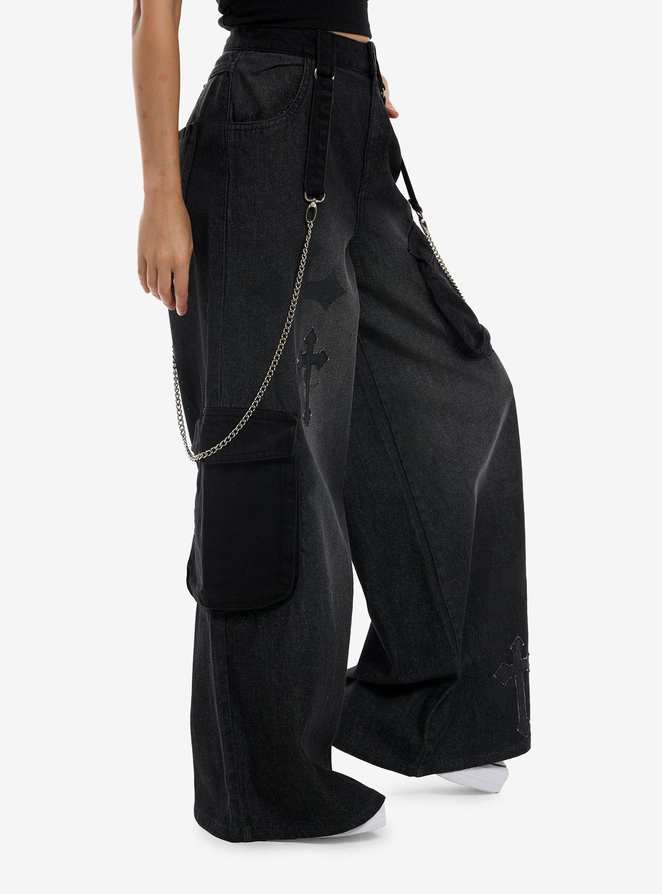 Black Cross Patch Side Chain Wide Leg Jeans, MULTI, alternate - view 3