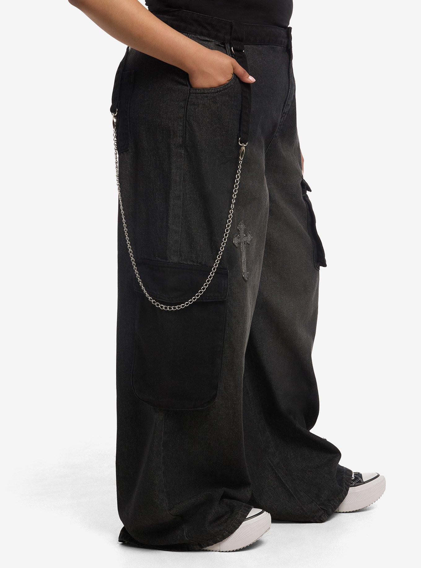 Black Cross Patch Side Chain Wide Leg Jeans Plus Size, MULTI, alternate - view 3