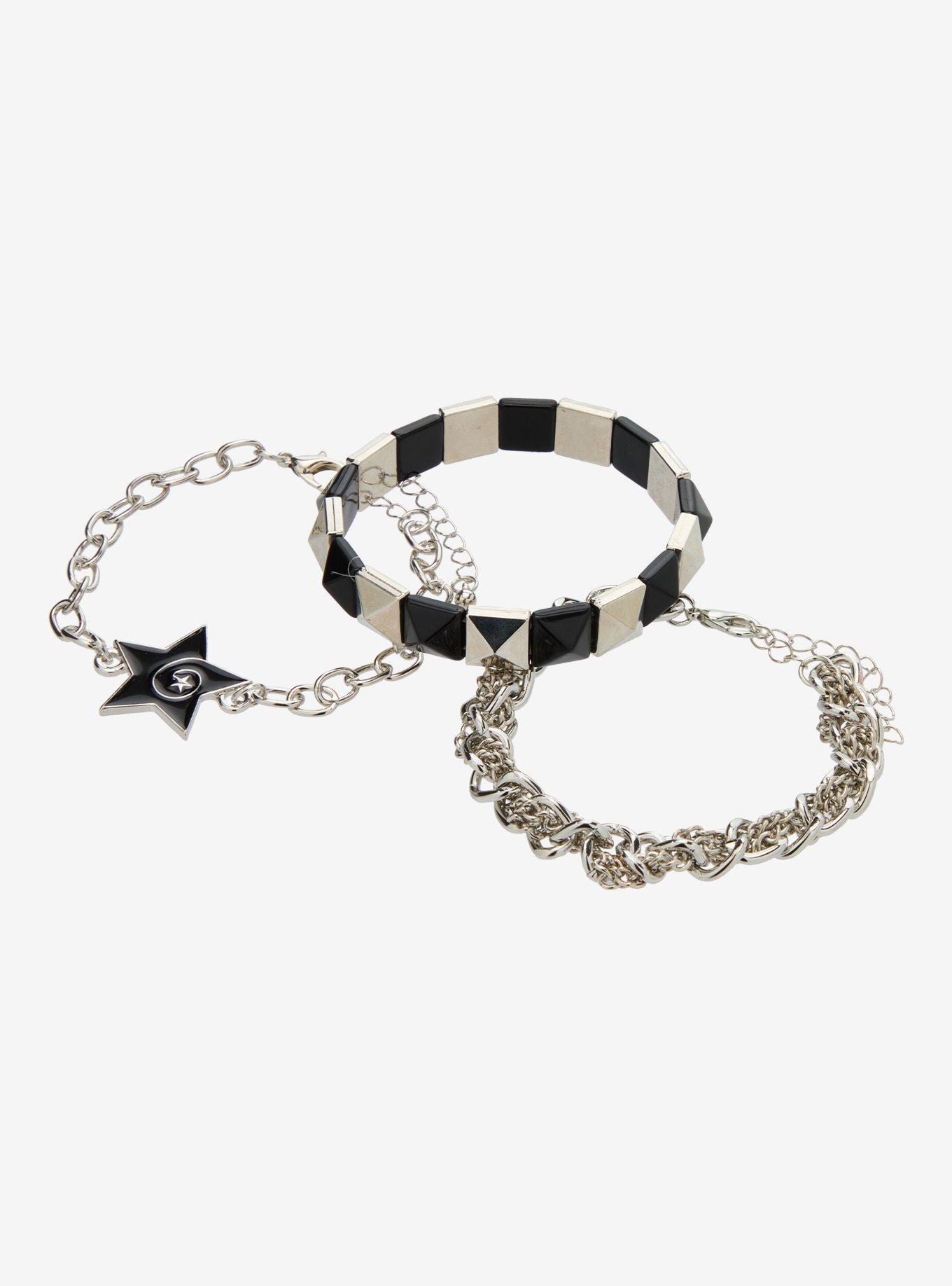 Social Collision Black & Silver Star Pyramid Stud Bracelet Set, , alternate