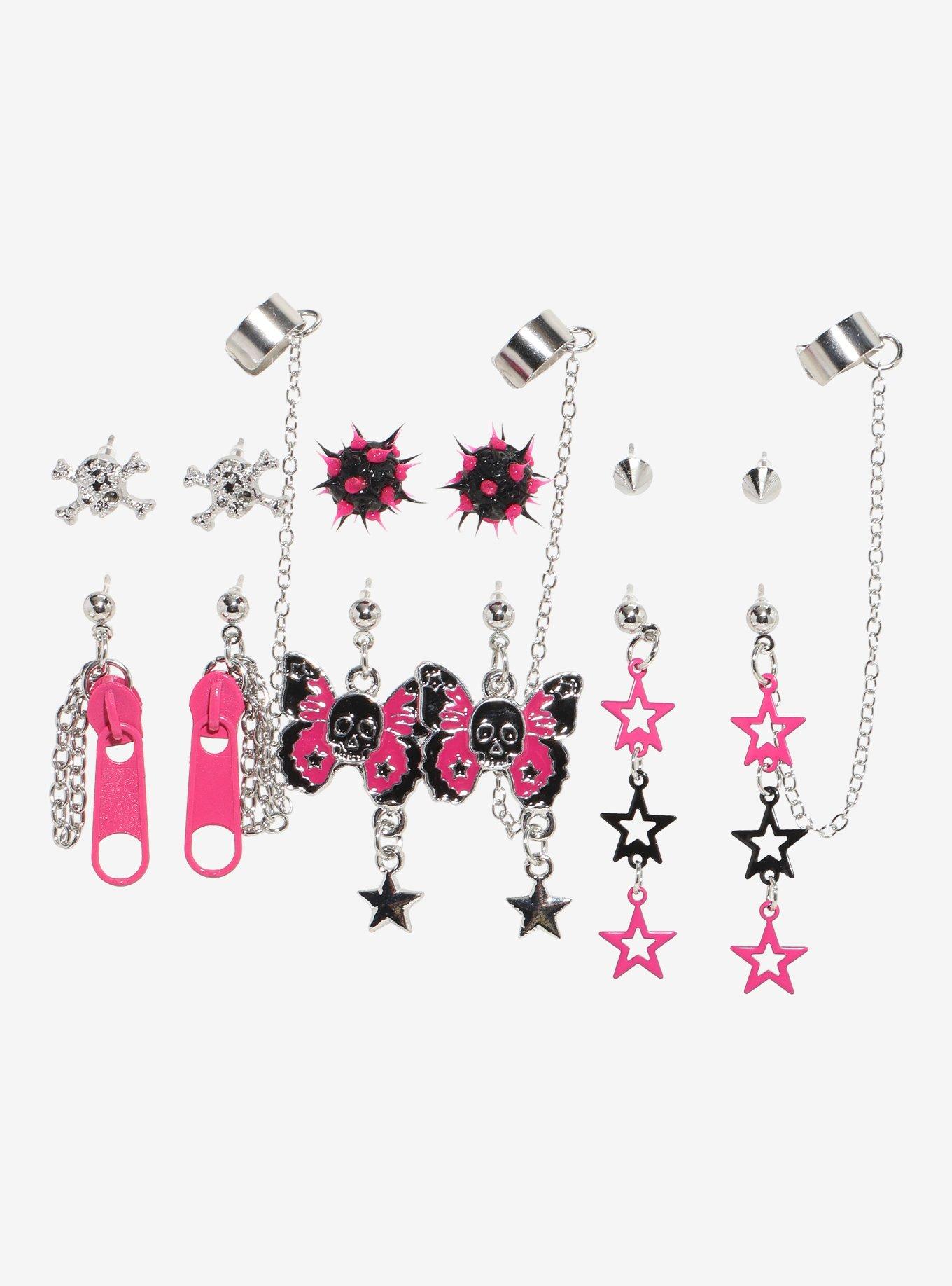 Pink & Black Butterfly Skull Star Cuff Earring Set, , hi-res