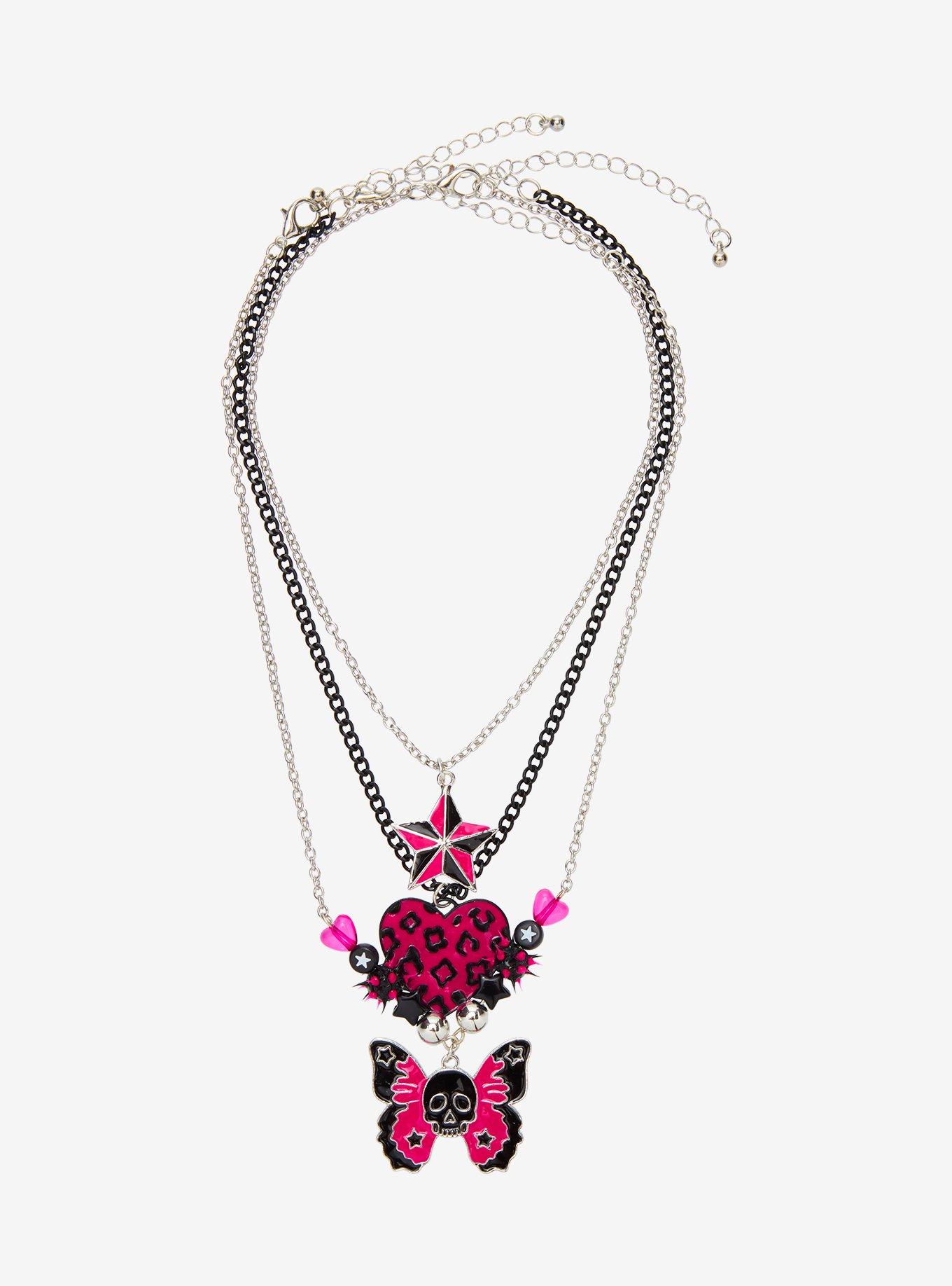 Social Collision Leopard Heart Butterfly Skull Necklace Set, , hi-res
