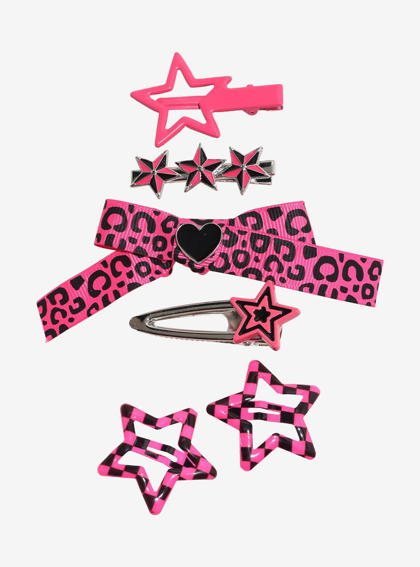 Social Collision Pink Leopard & Star Mismatch Hair Clip Set, , hi-res
