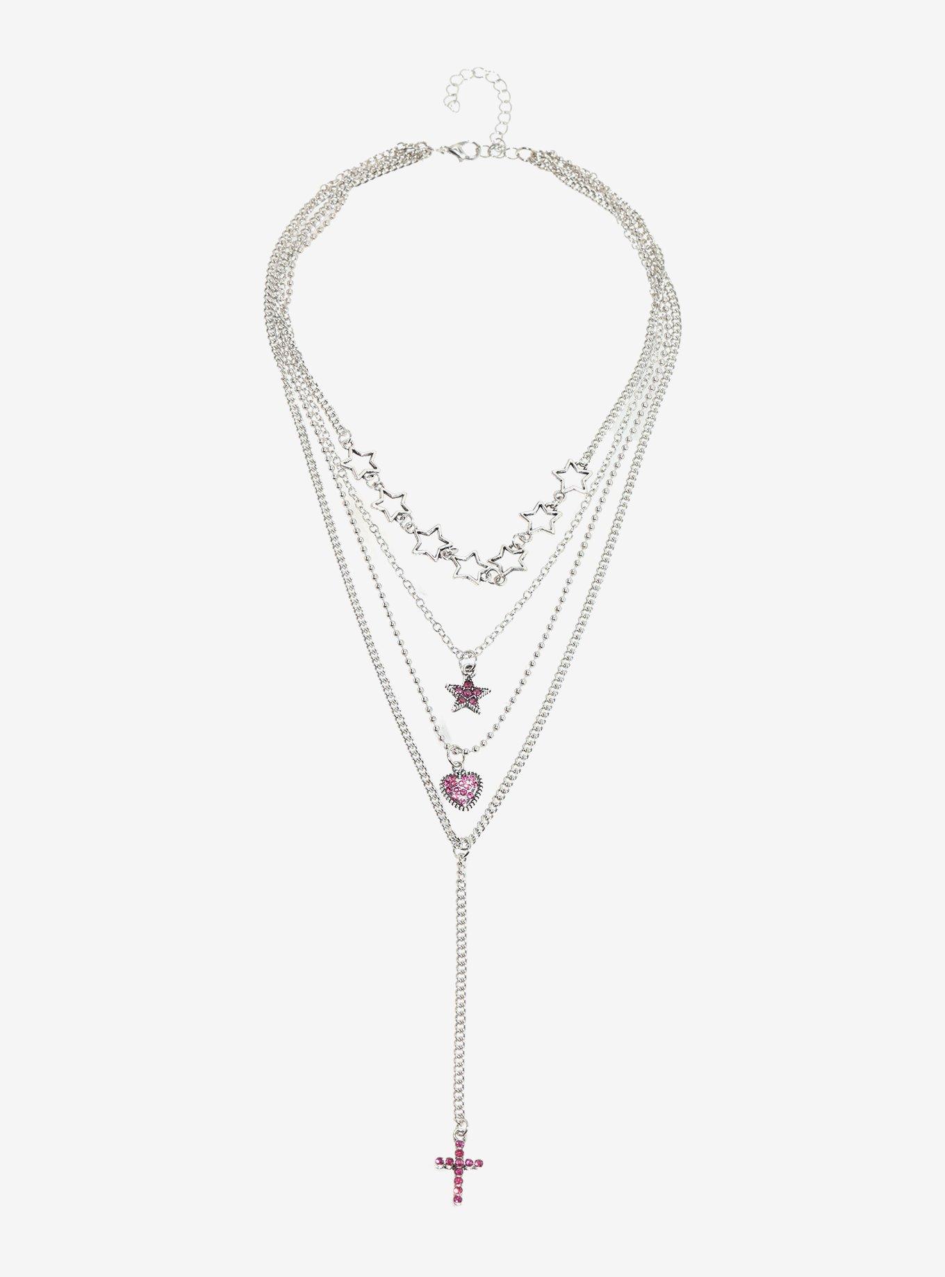 Pink Rhinestone Lariat Cross Layered Necklace, , hi-res