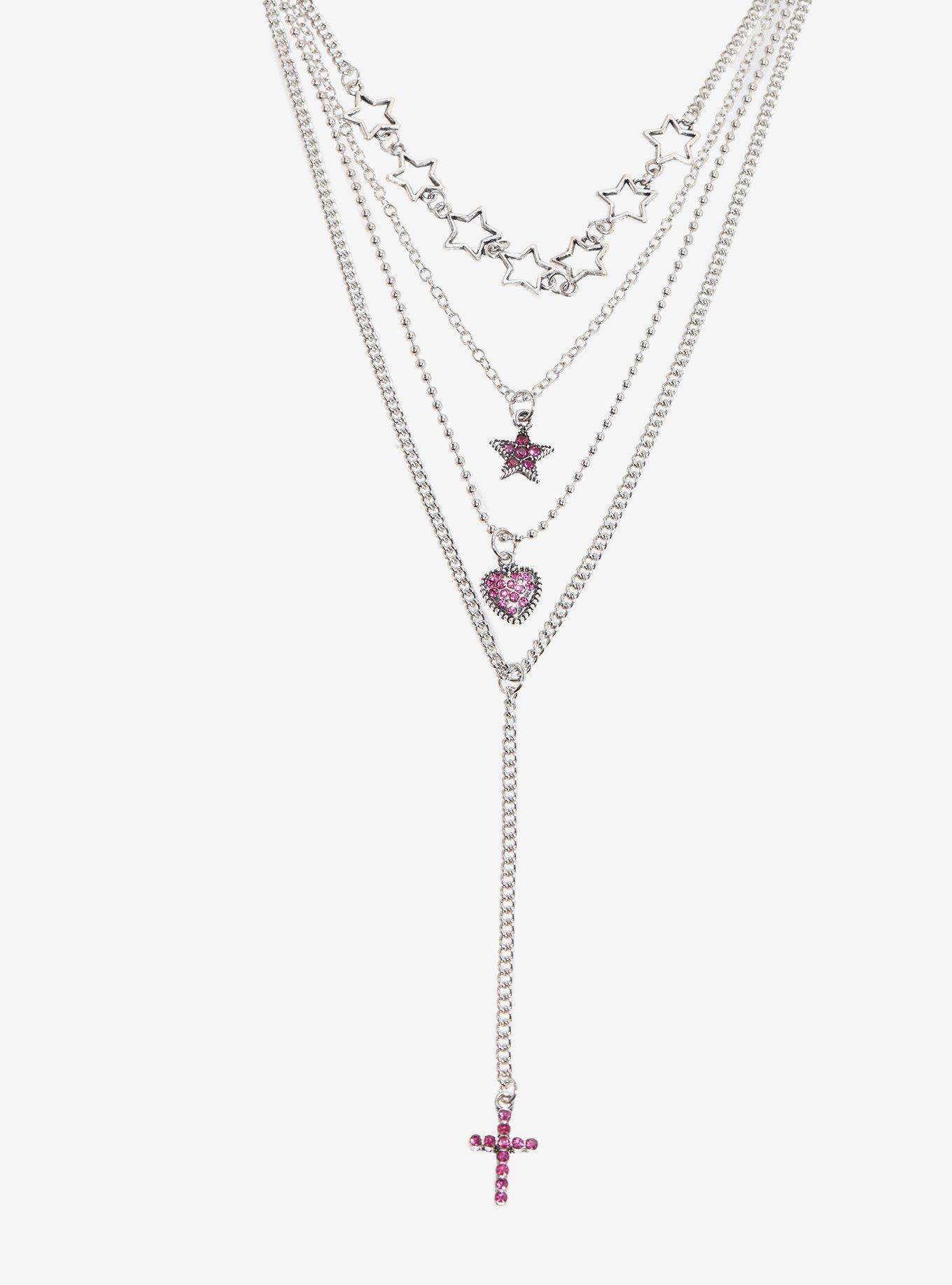 Pink Rhinestone Lariat Cross Layered Necklace, , alternate