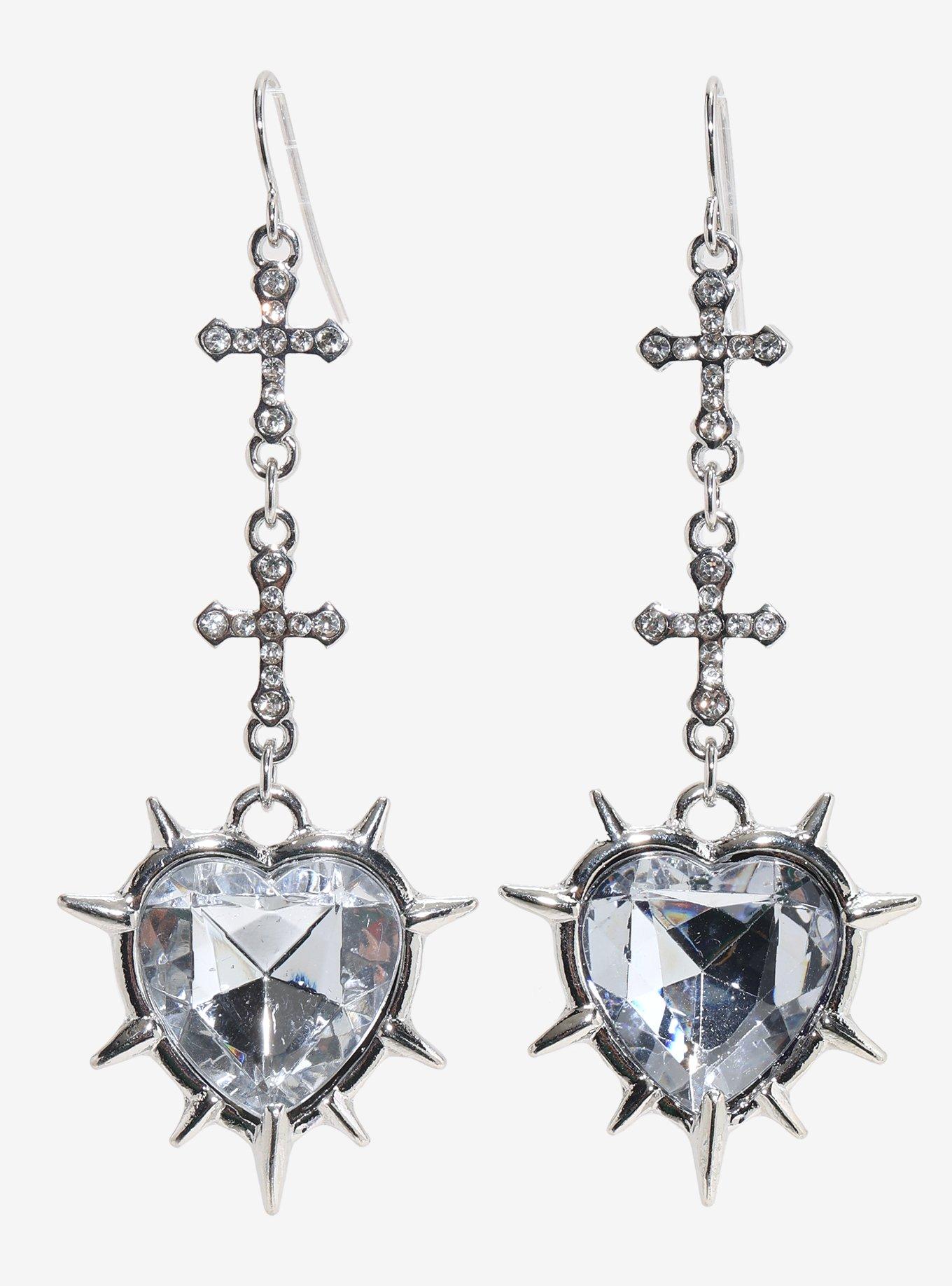 Spiky Heart Gem Cross Earrings, , hi-res