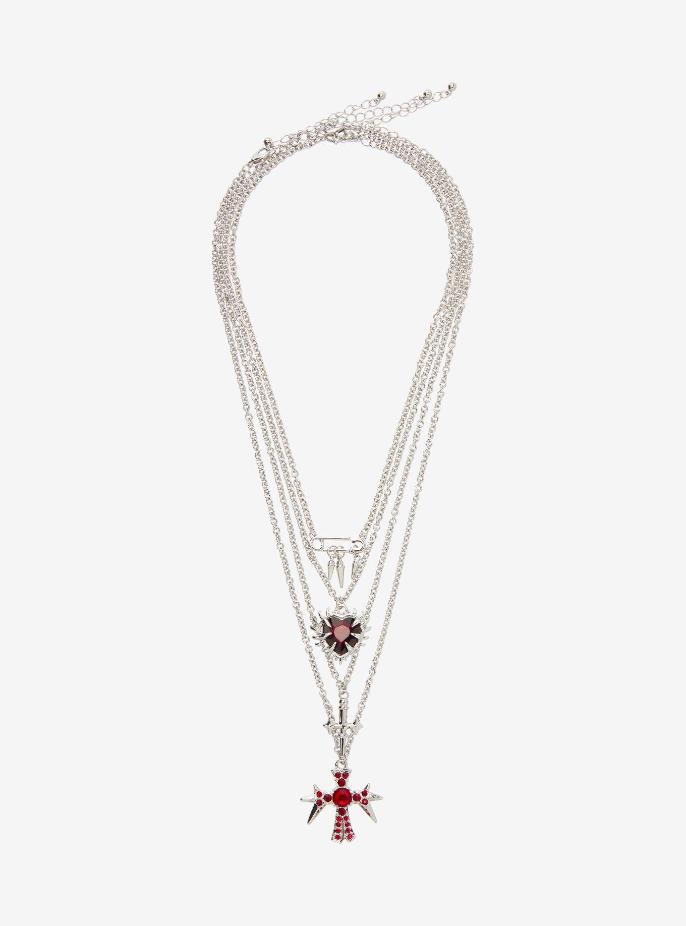 Spiky Red Heart Rhinestone Cross Necklace Set, , hi-res