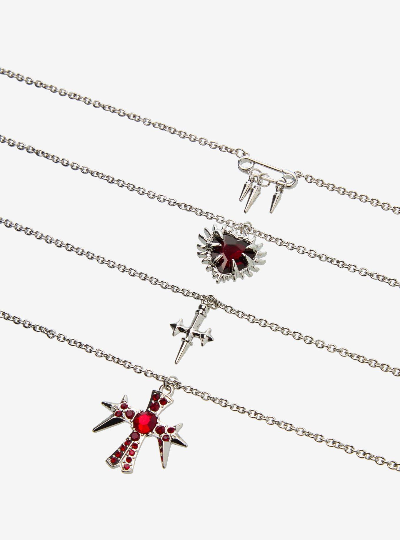 Spiky Red Heart Rhinestone Cross Necklace Set, , alternate