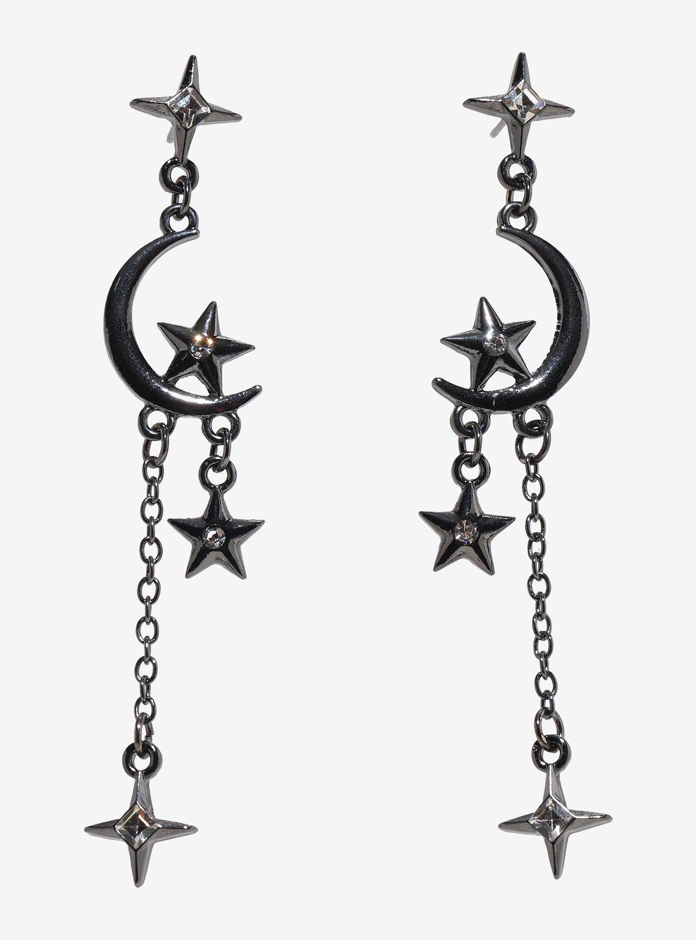 Cosmic Aura Gunmetal Crescent Moon Star Drop Earrings, , hi-res