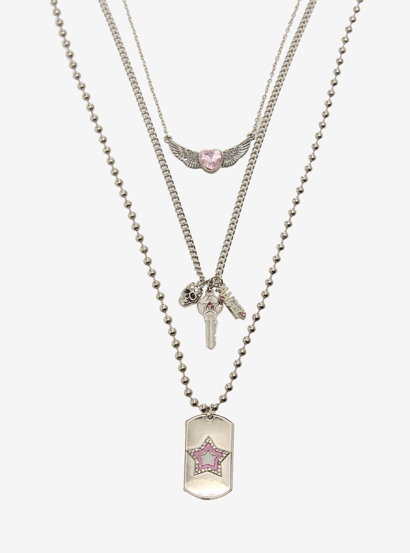 Y2K Winged Heart Dog Tag Necklace Set, , alternate