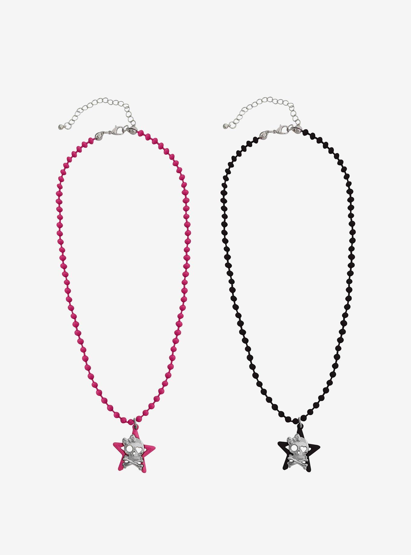Skull & Crossbones Pink Black Best Friend Necklace Set, , hi-res
