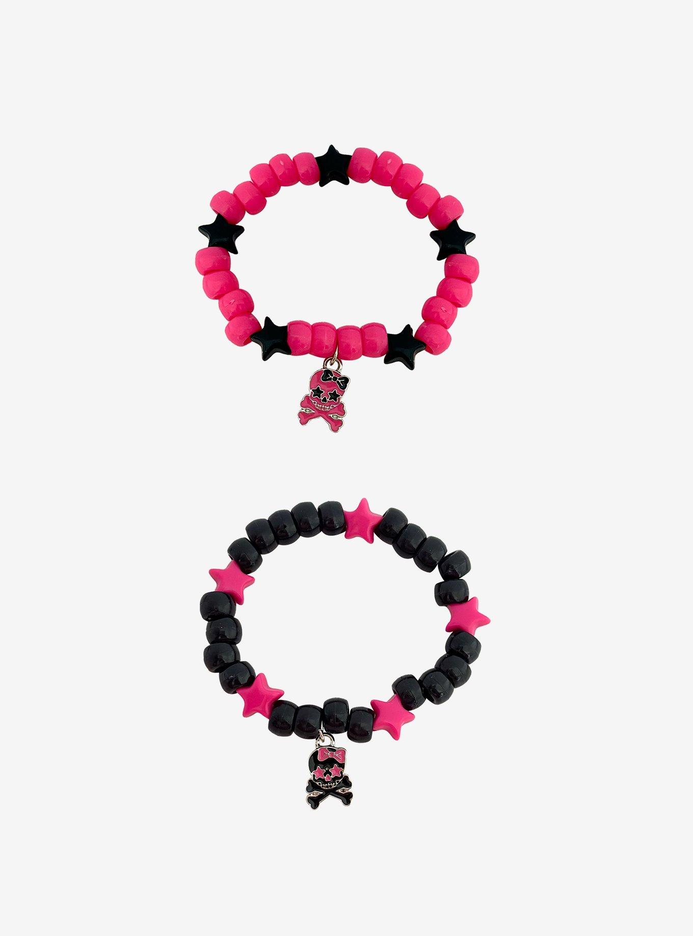 Black & Hot Pink Skull & Crossbones Best Friend Bead Bracelet Set, , hi-res