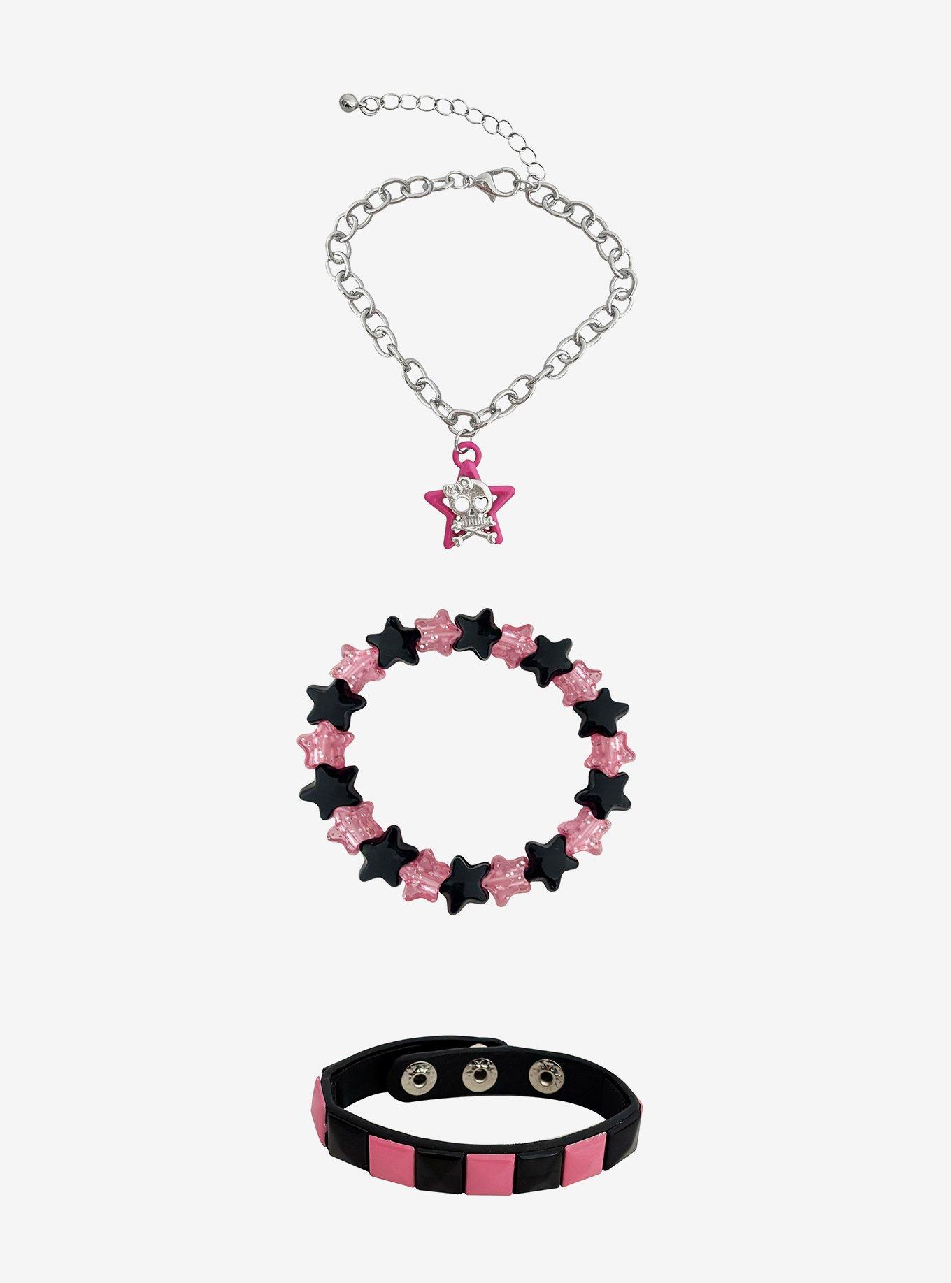 Pink & Black Star Skull & Crossbones Bracelet Set, , hi-res