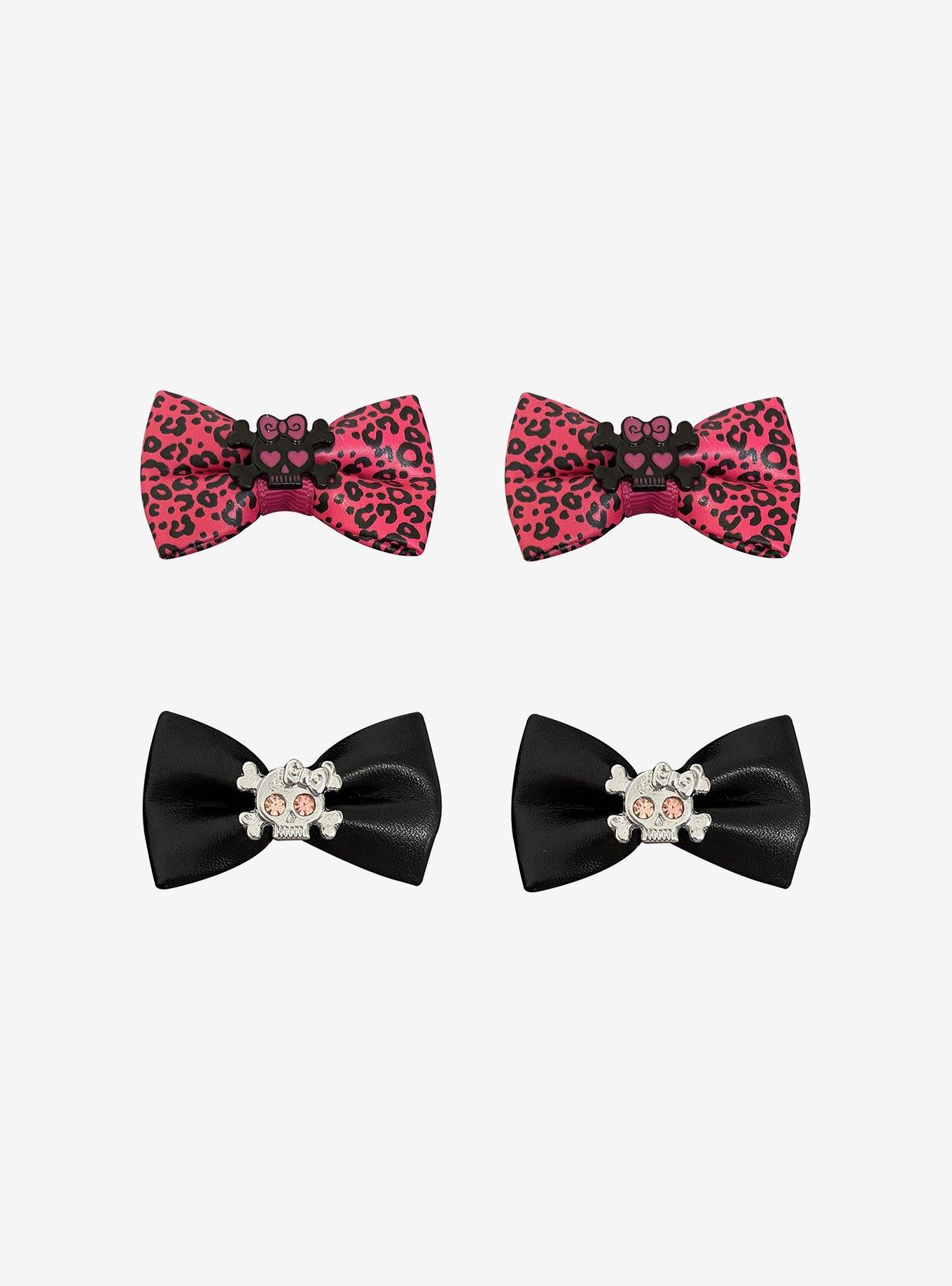 Skull & Crossbones Pink Black Hair Bow Set, , hi-res