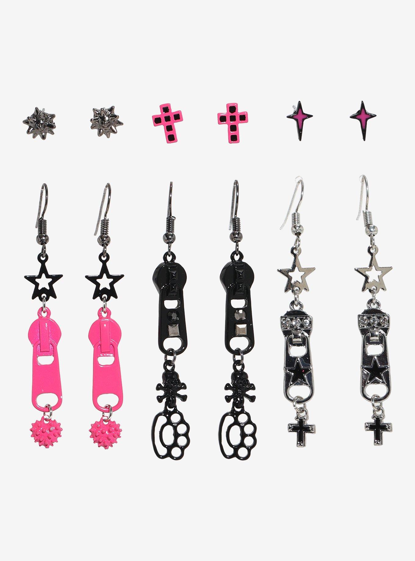 Pink & Black Zipper Cross Star Earring Set, , alternate
