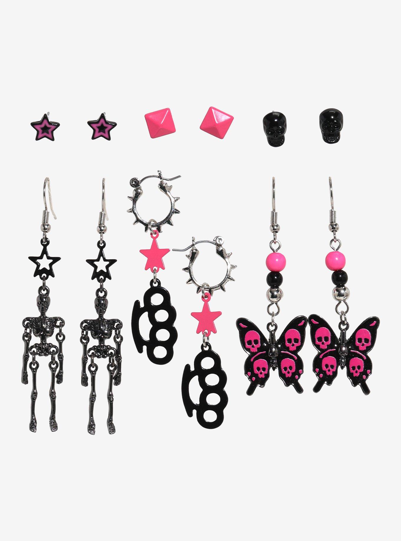 Black & Pink Skeleton Butterfly Earring Set, , hi-res