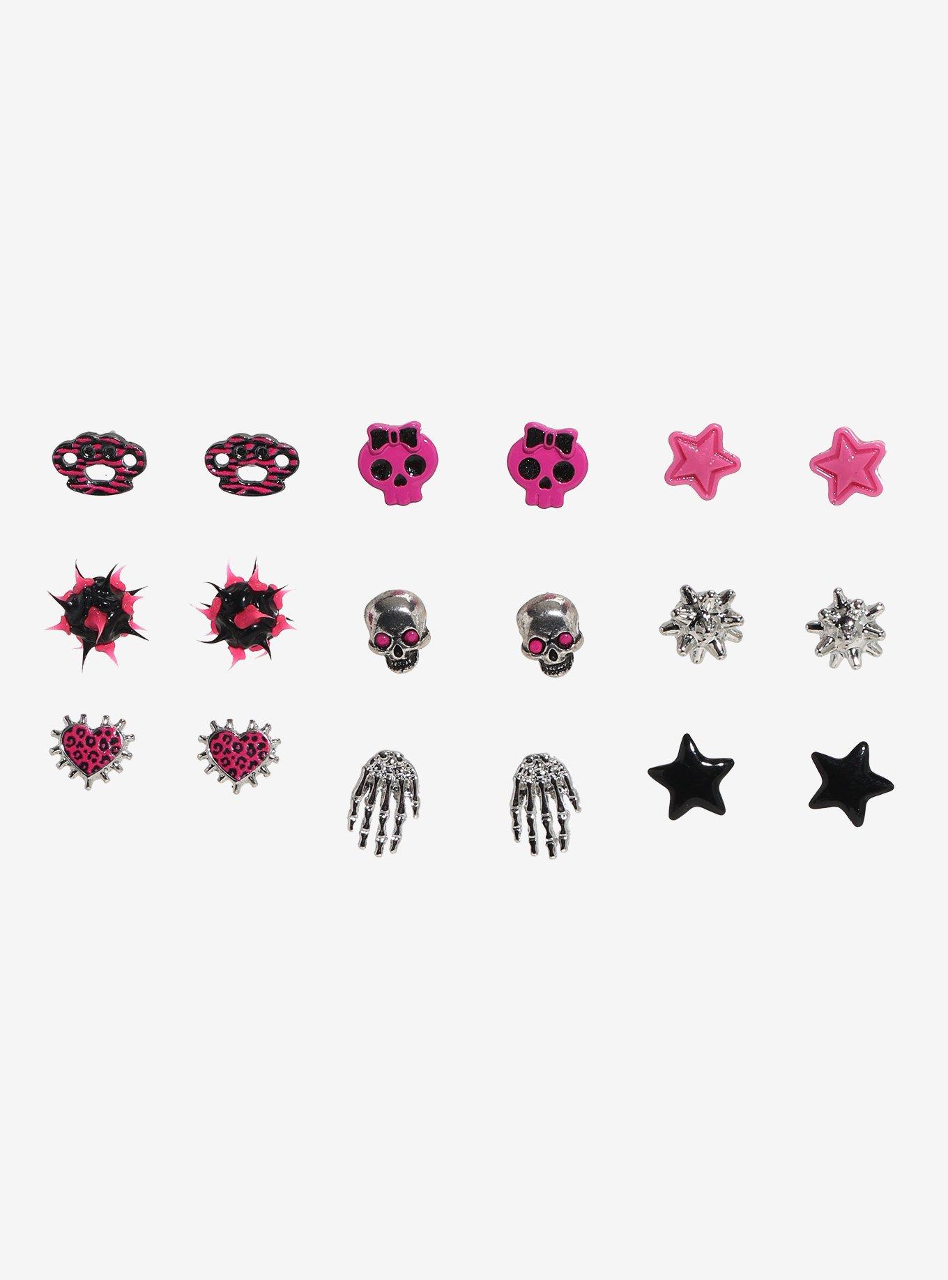 Pink & Black Skull Star Spike Stud Earring Set, , hi-res