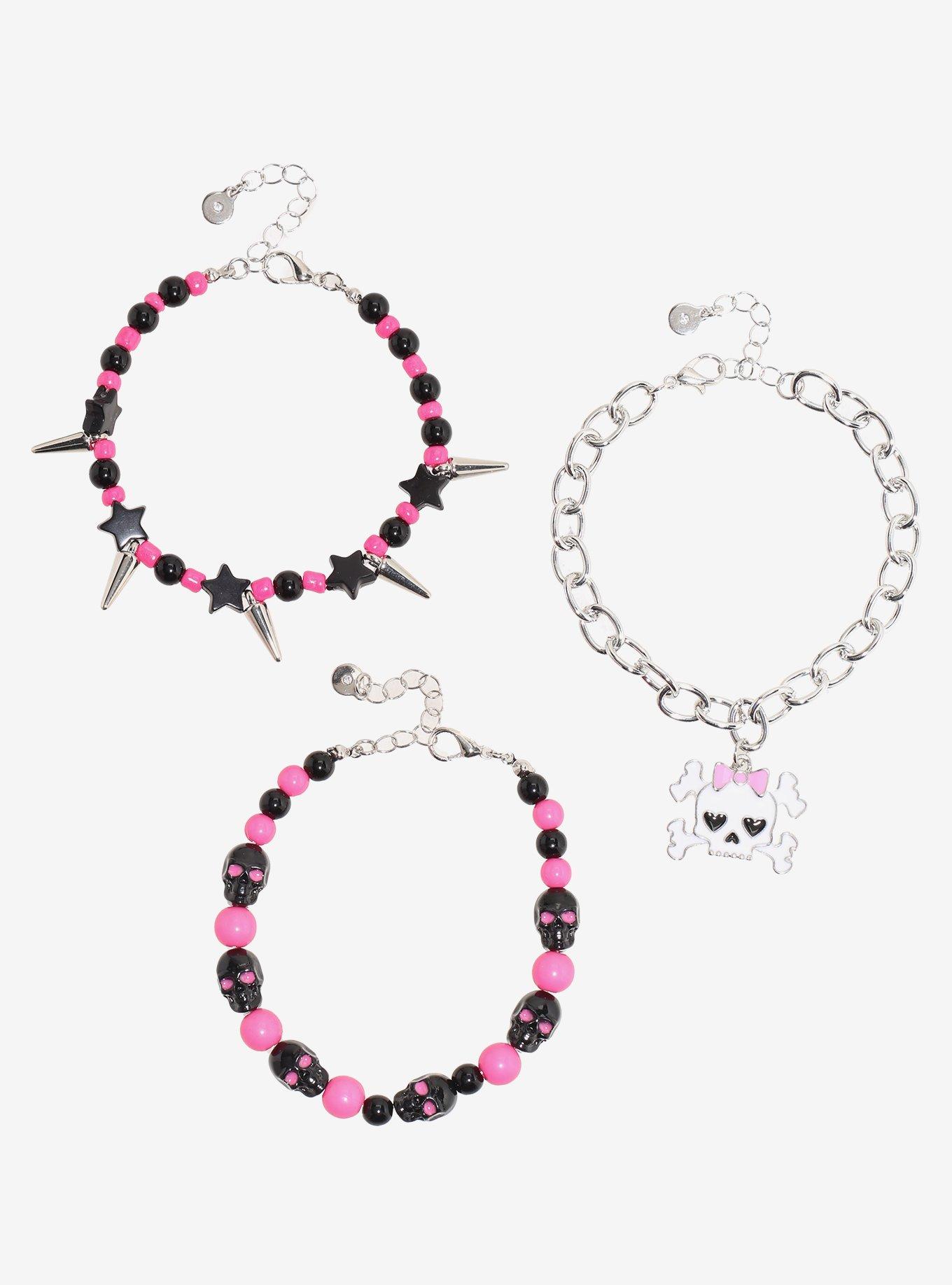 Skull & Crossbones Pink & Black Bracelet Set, , hi-res