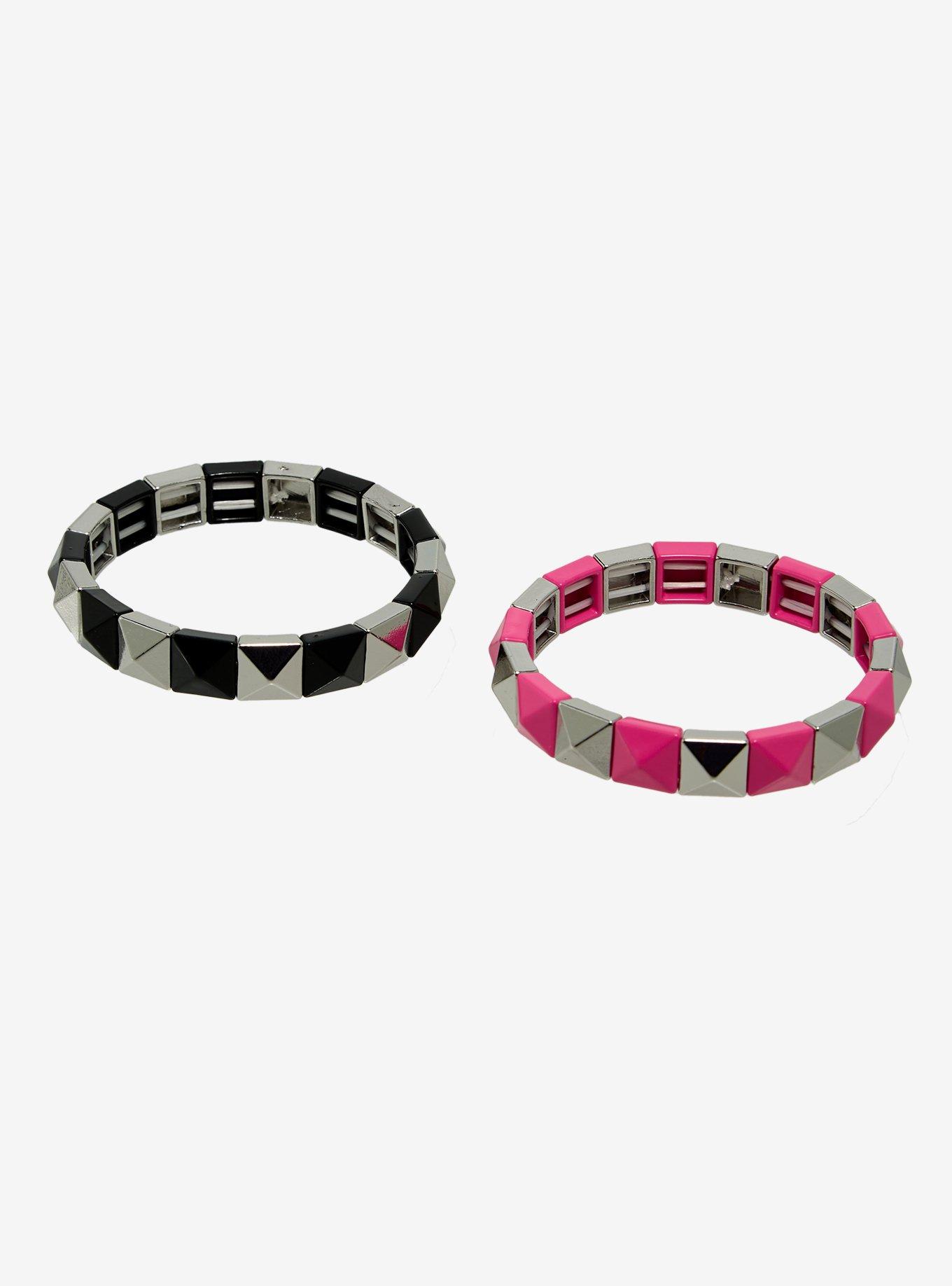 Pink Silver Black Pyramid Stud Bracelet Set, , hi-res