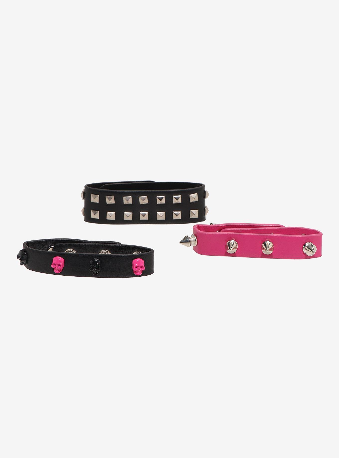 Pink Skull Pyramid Stud Spike Bracelet Set, , hi-res