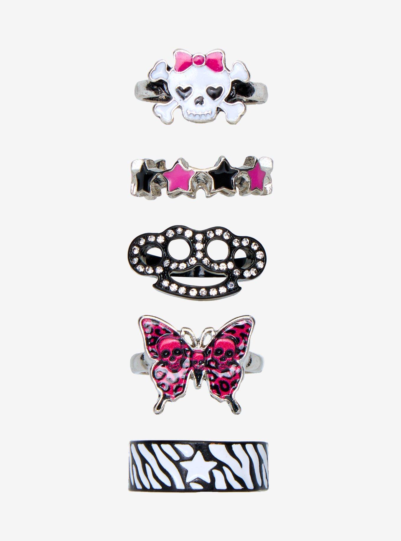 Skull & Crossbones Heart Pink Skull Ring Set, , hi-res