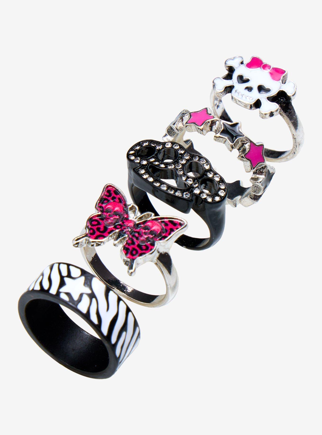 Skull & Crossbones Heart Pink Skull Ring Set, , alternate