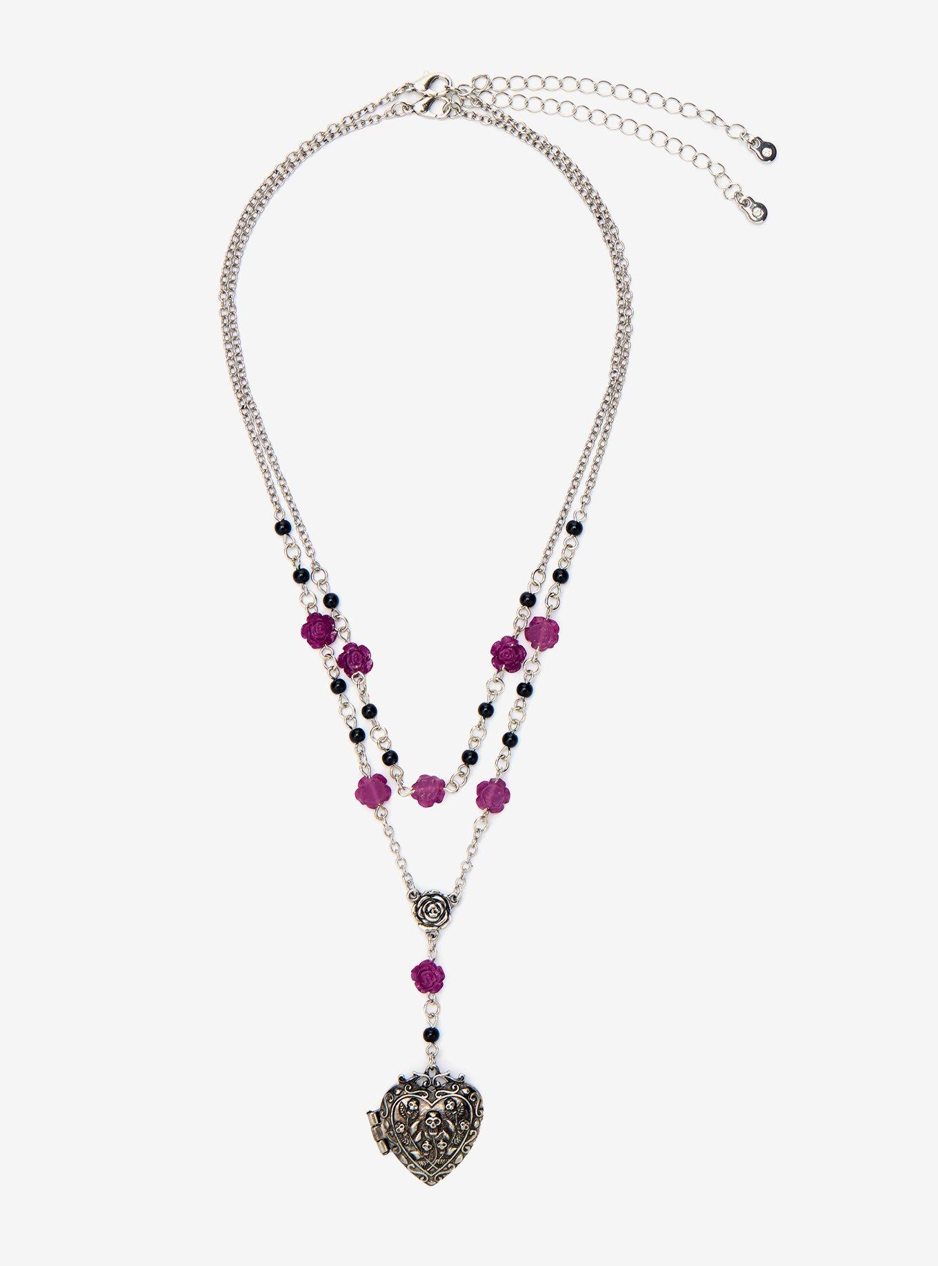 Thorn & Fable Leaf Skull Heart Rosary Locket Necklace, , hi-res