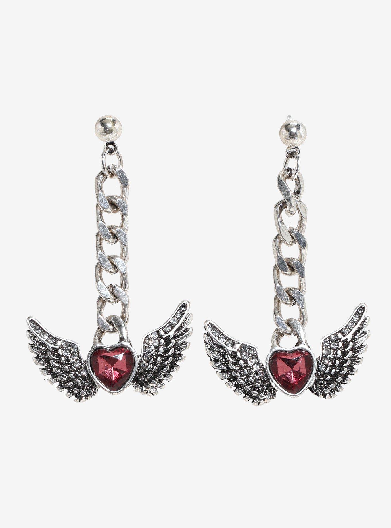 Social Collision Winged Heart Drop Earrings, , hi-res