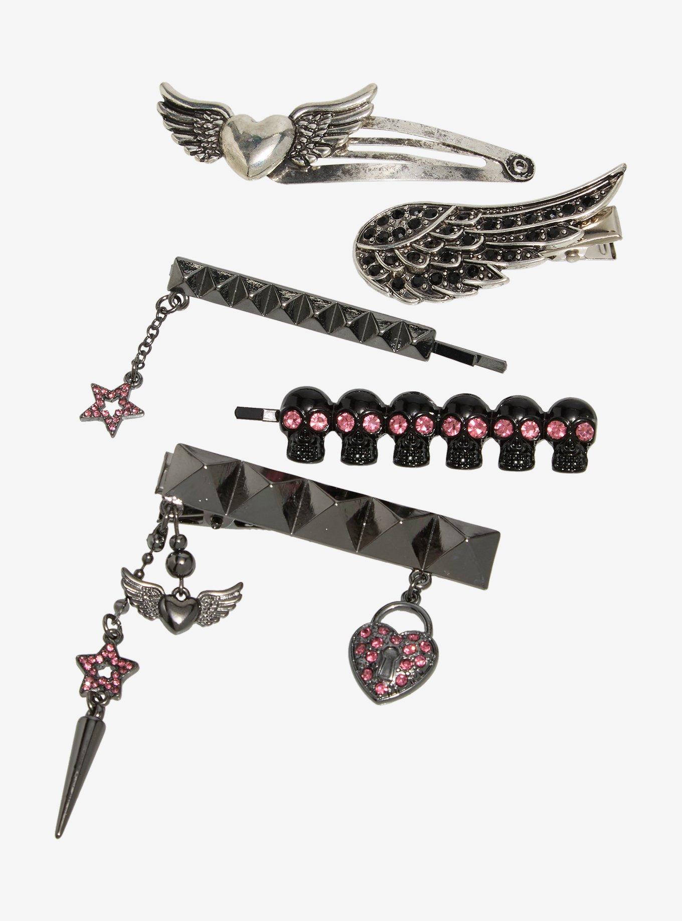 Social Collision Winged Heart Stud Hair Clip Set, , hi-res