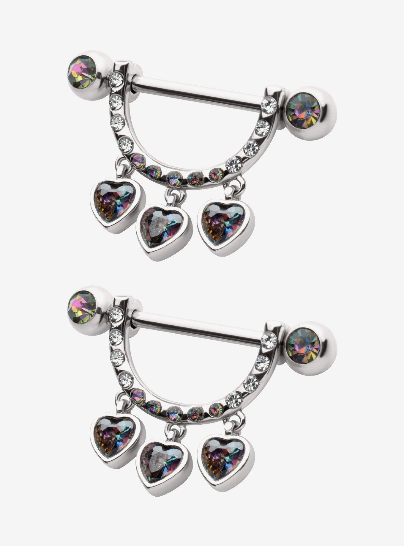 Steel Silver Heart Gem Nipple Barbell 2 Pack, , hi-res