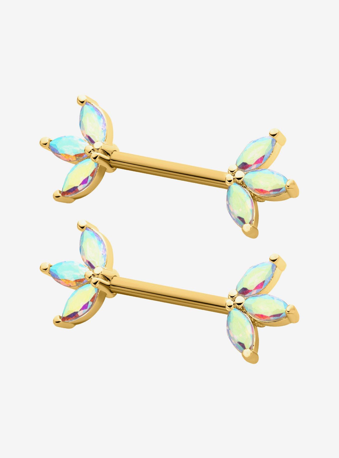 Steel Gold Iridescent Gem Burst Nipple Barbell 2 Pack, , hi-res