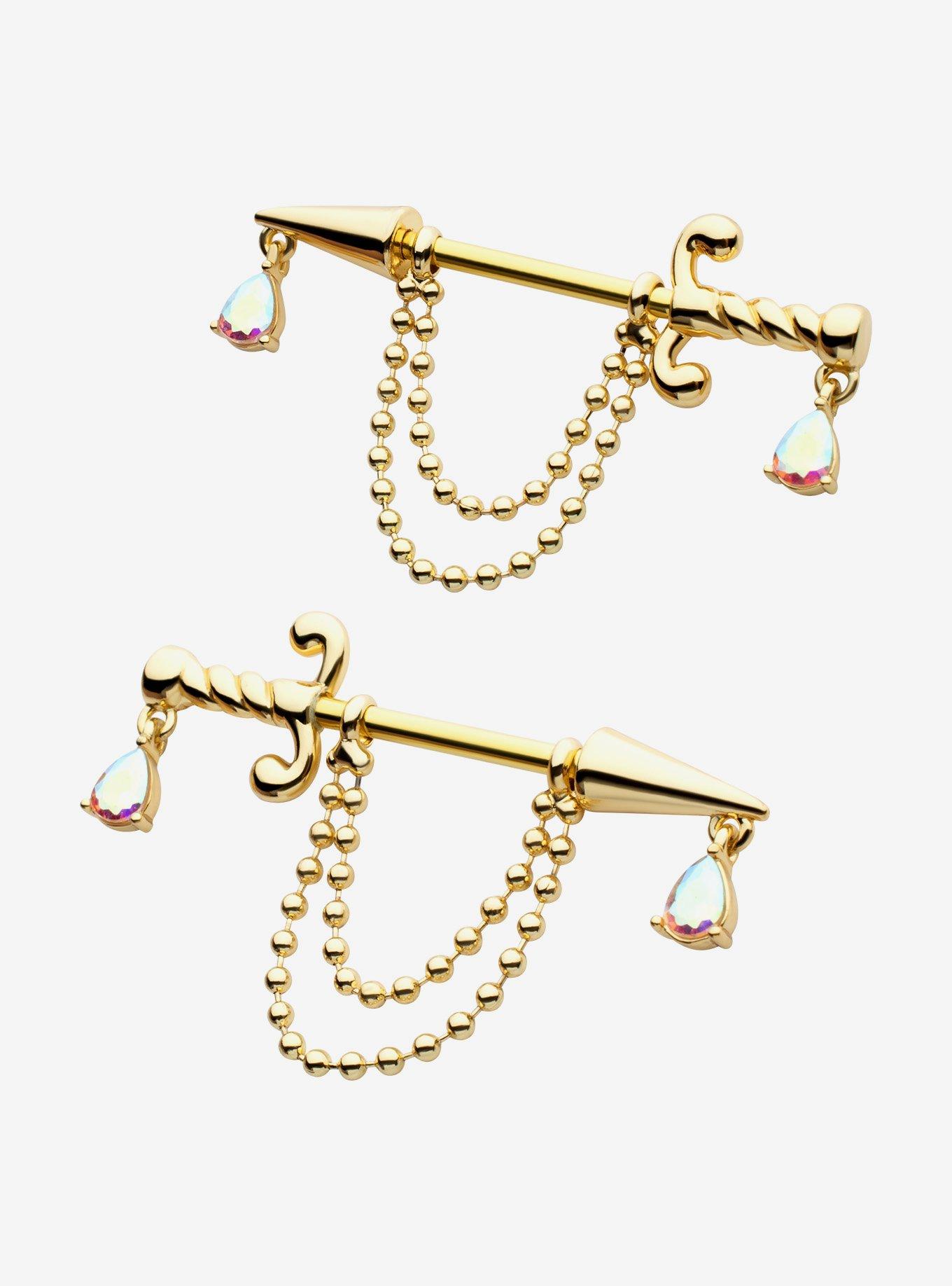 Steel Gold Dagger Chain Dangle Nipple Barbell 2 Pack, , hi-res