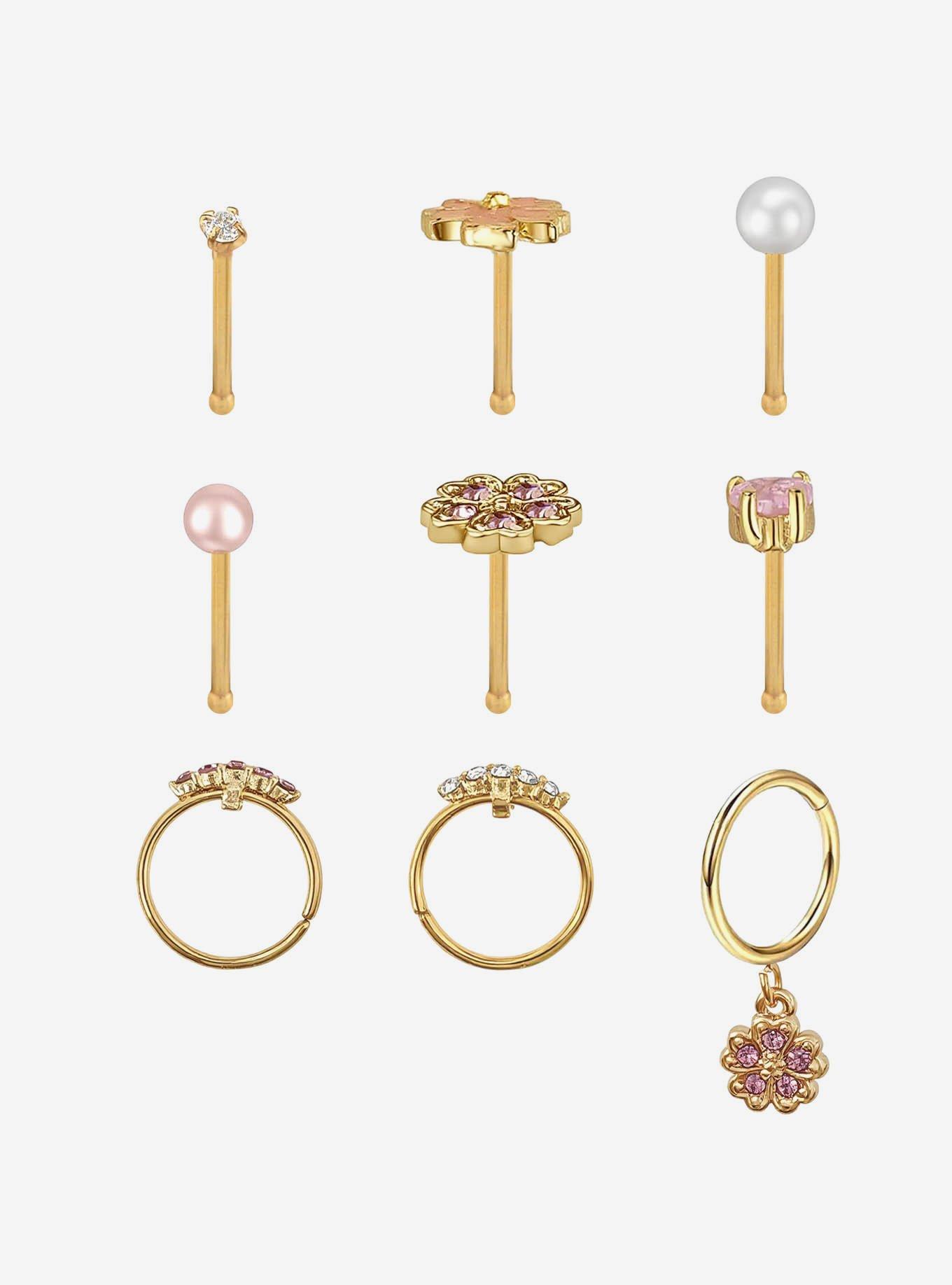 Steel Gold & Sakura Gem Nose Stud & Hoop 9 Pack, , hi-res