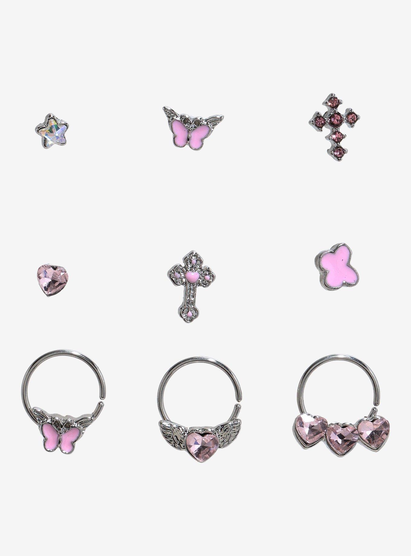 Steel Pink Butterfly Heart Nose Stud & Hoop 9 Pack, , hi-res