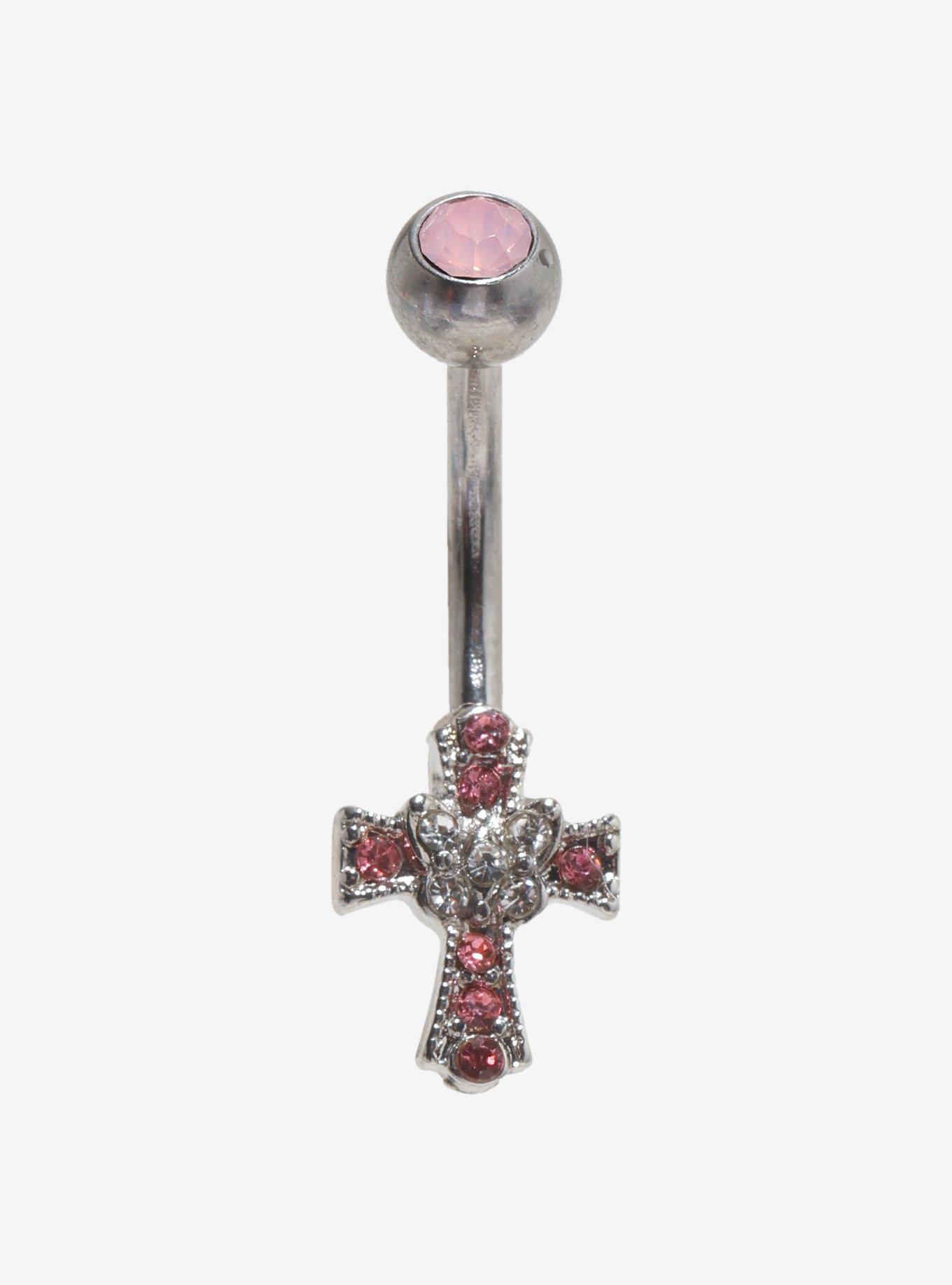 14G Steel Bling Cross Navel Barbell, , hi-res