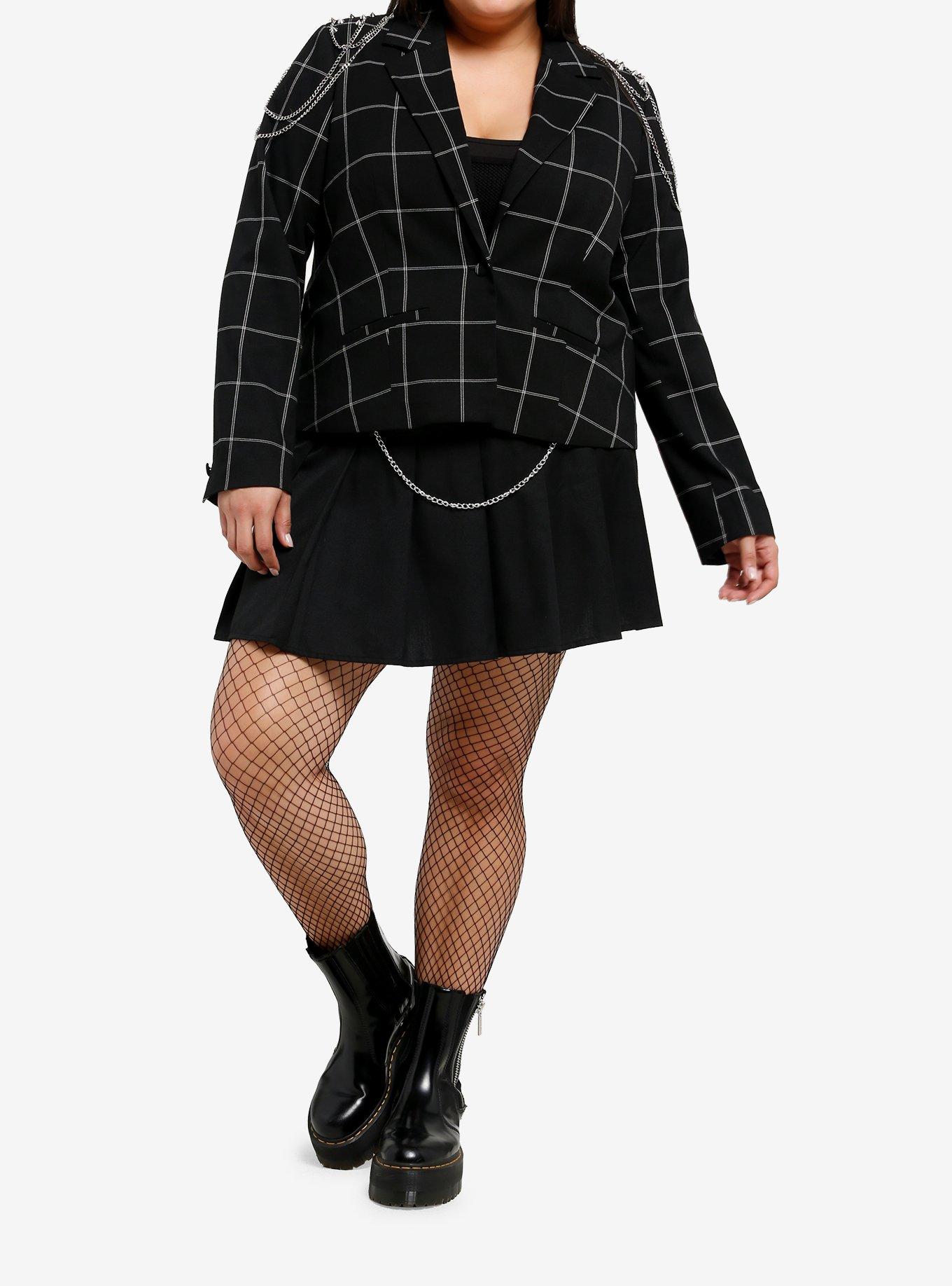 Social Collision Black Plaid Spike Chain Girls Crop Blazer Plus Size, , hi-res