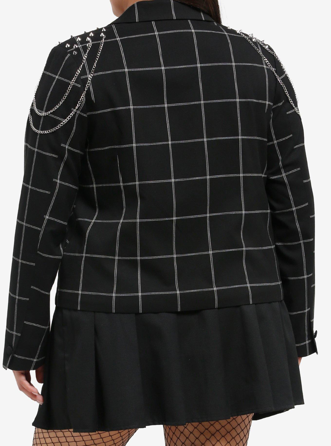 Social Collision Black Plaid Spike Chain Girls Crop Blazer Plus Size, MULTI, alternate