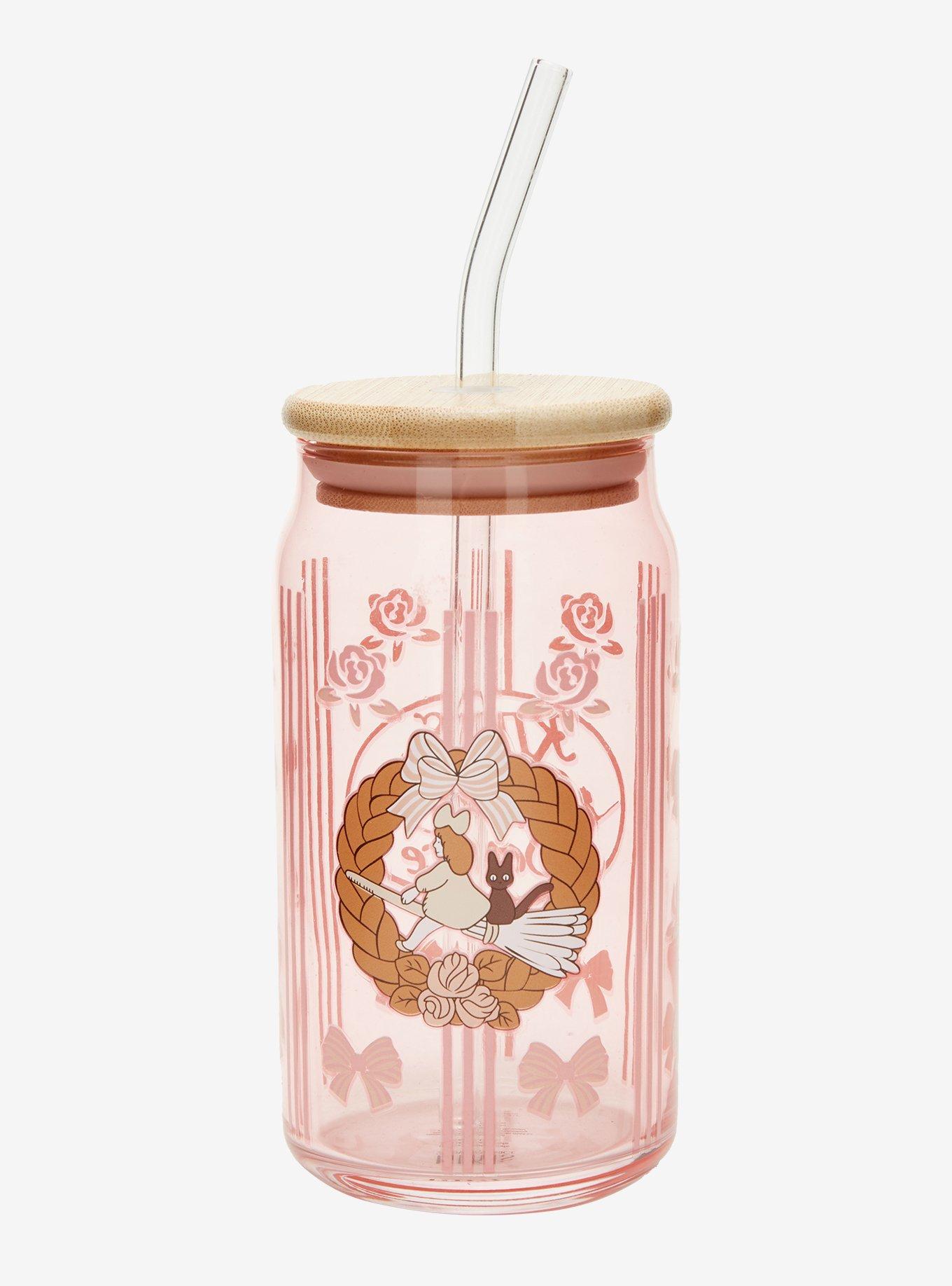Studio Ghibli&reg; Kiki's Delivery Service Kiki & Jiji Wreath Floral Glass Cup with Straw - BoxLunch Exclusive, , hi-res
