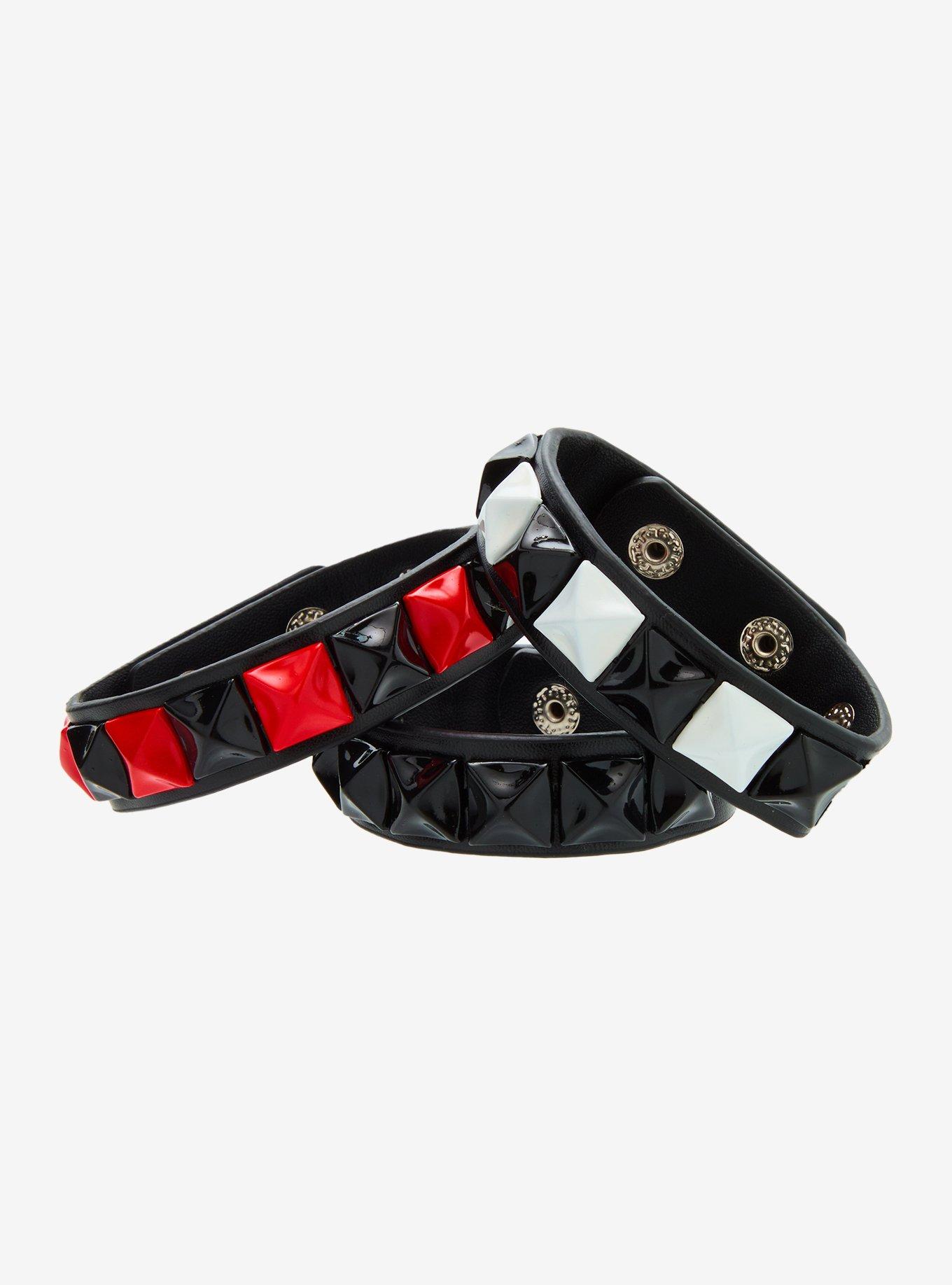 Black White Red Pyramid Stud Faux Bracelet Set, , hi-res
