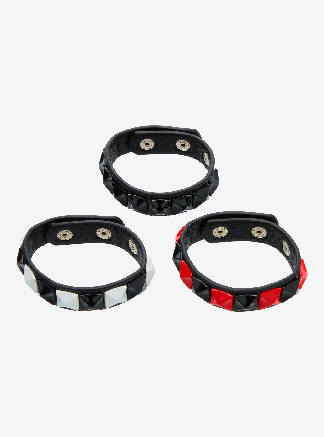 Black White Red Pyramid Stud Faux Bracelet Set, , alternate