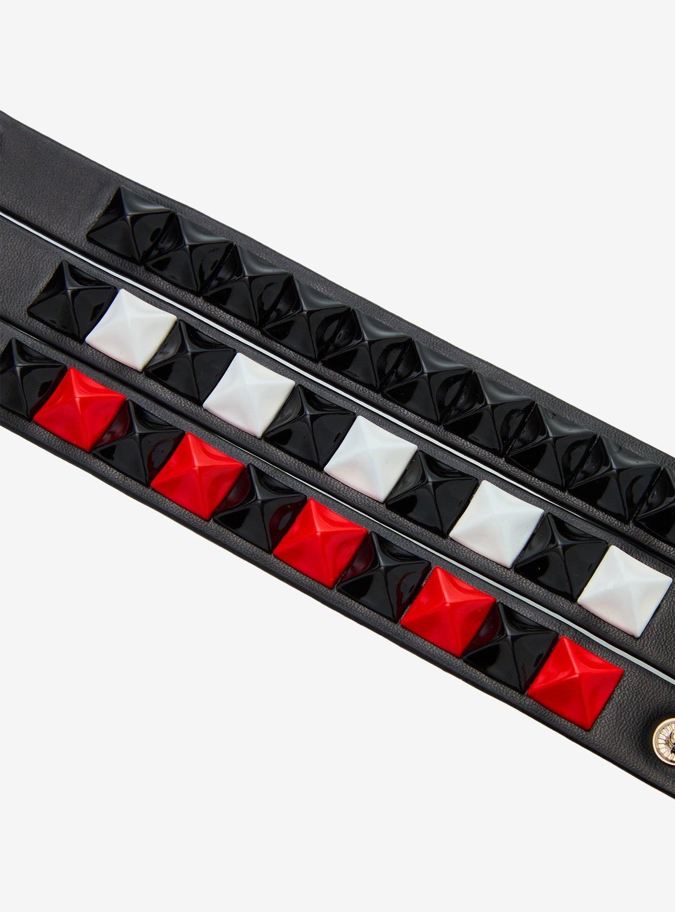 Black White Red Pyramid Stud Faux Bracelet Set, , alternate