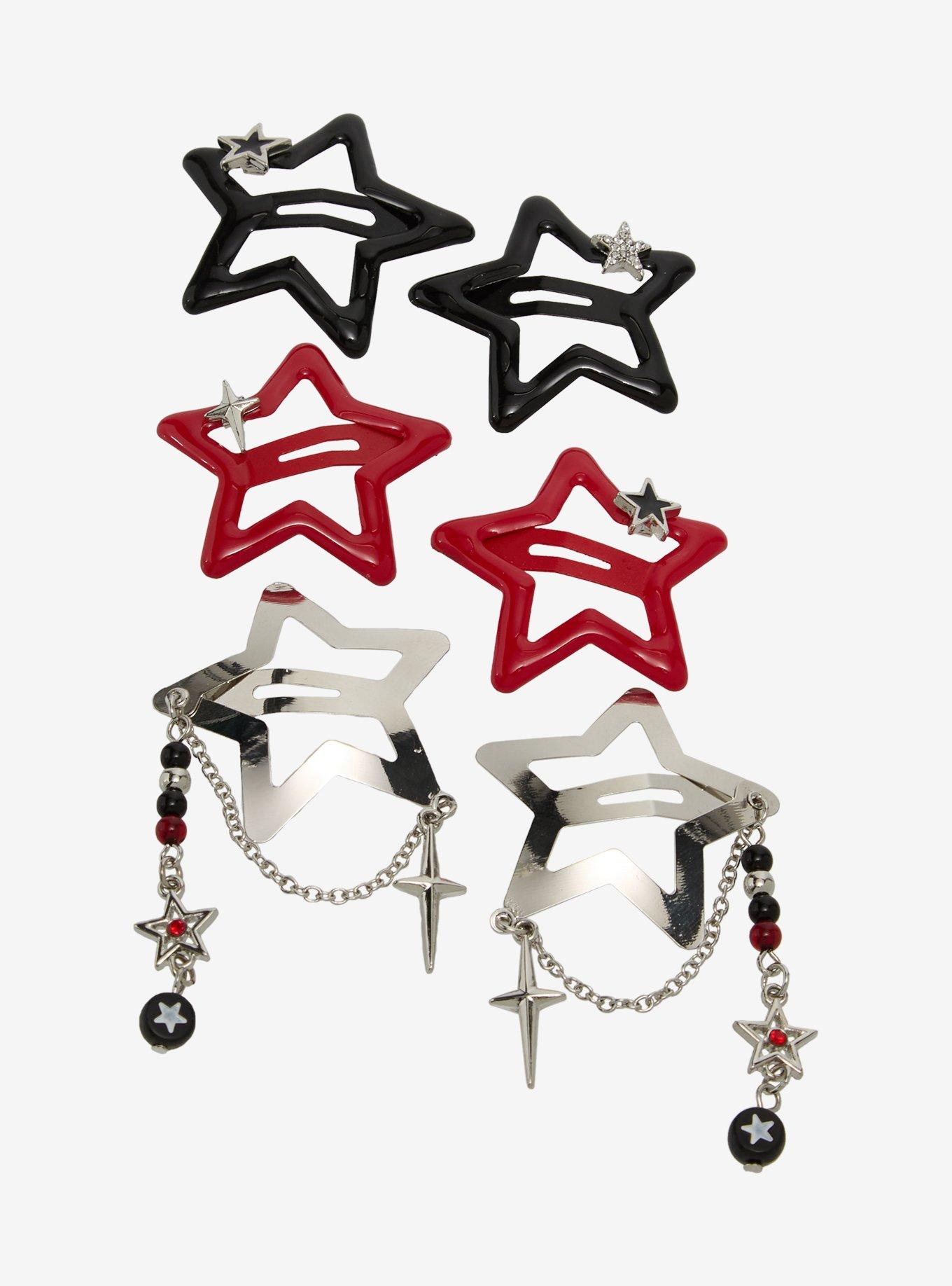 Social Collision Red Black Star Charm Hair Clip Set, , hi-res