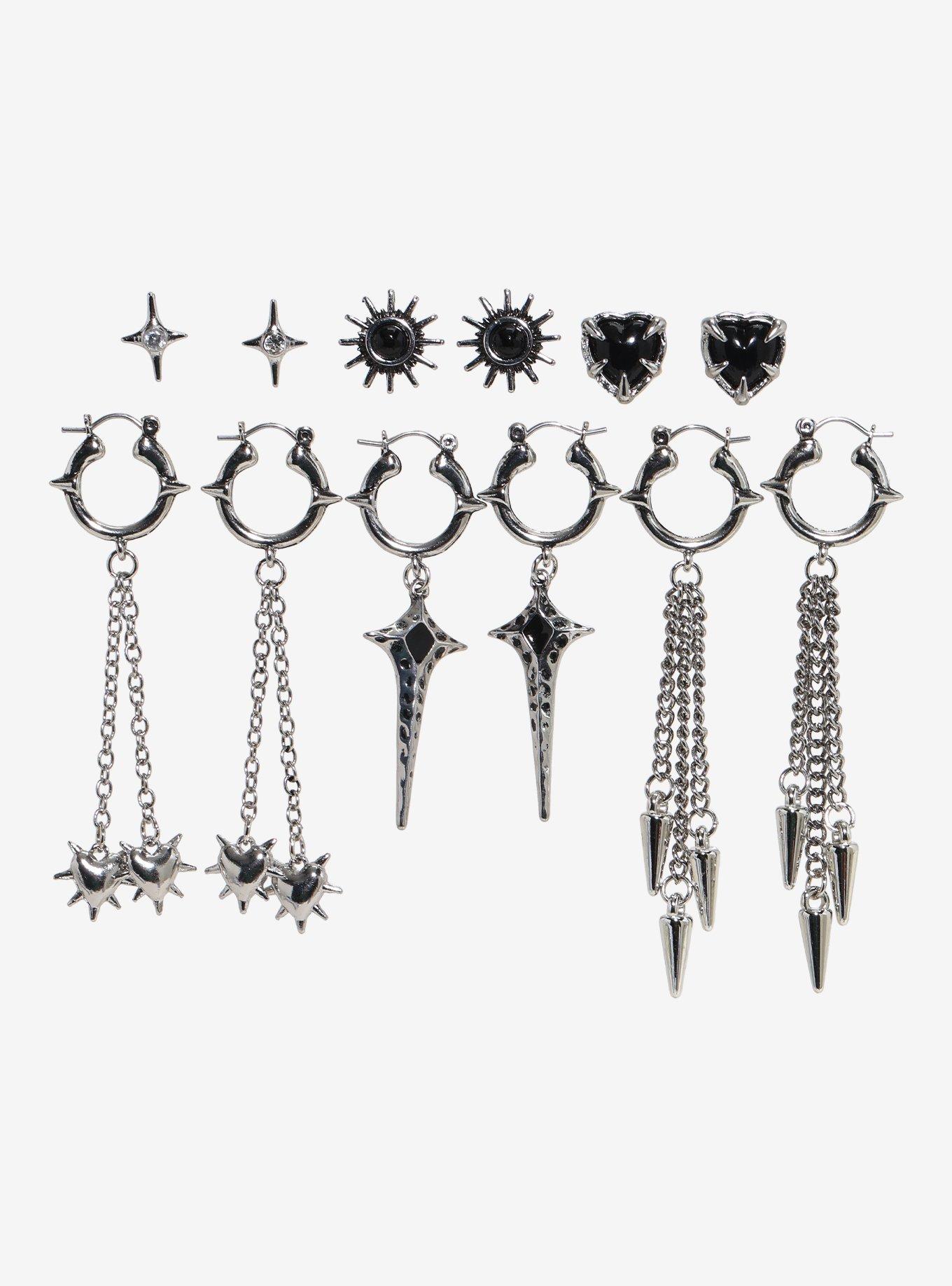 Black & Silver Spike Heart Earring Set, , hi-res