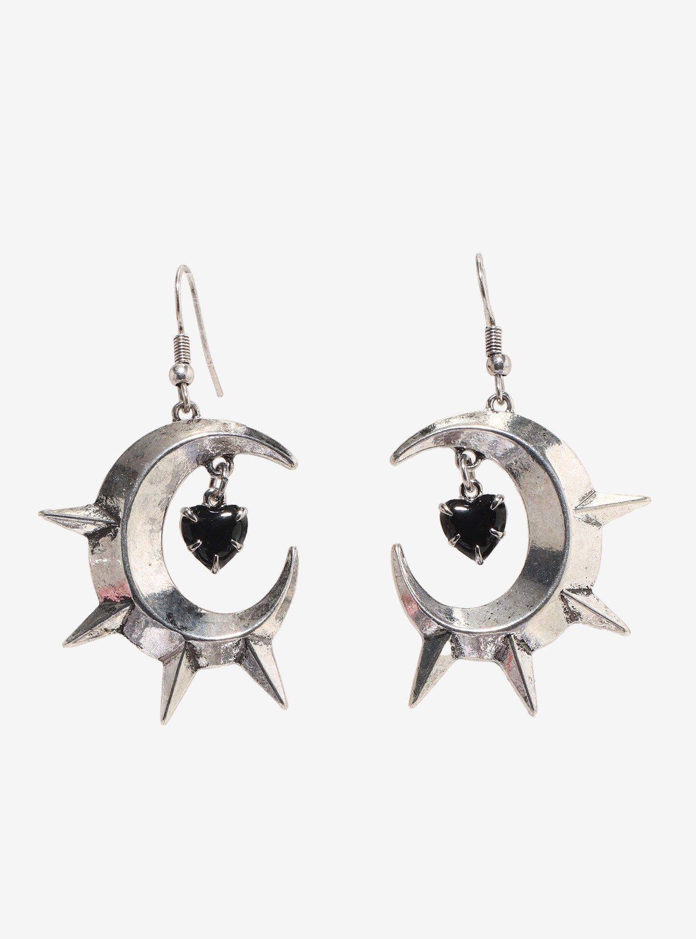 Black Heart Gem Spiky Moon Earrings, , hi-res