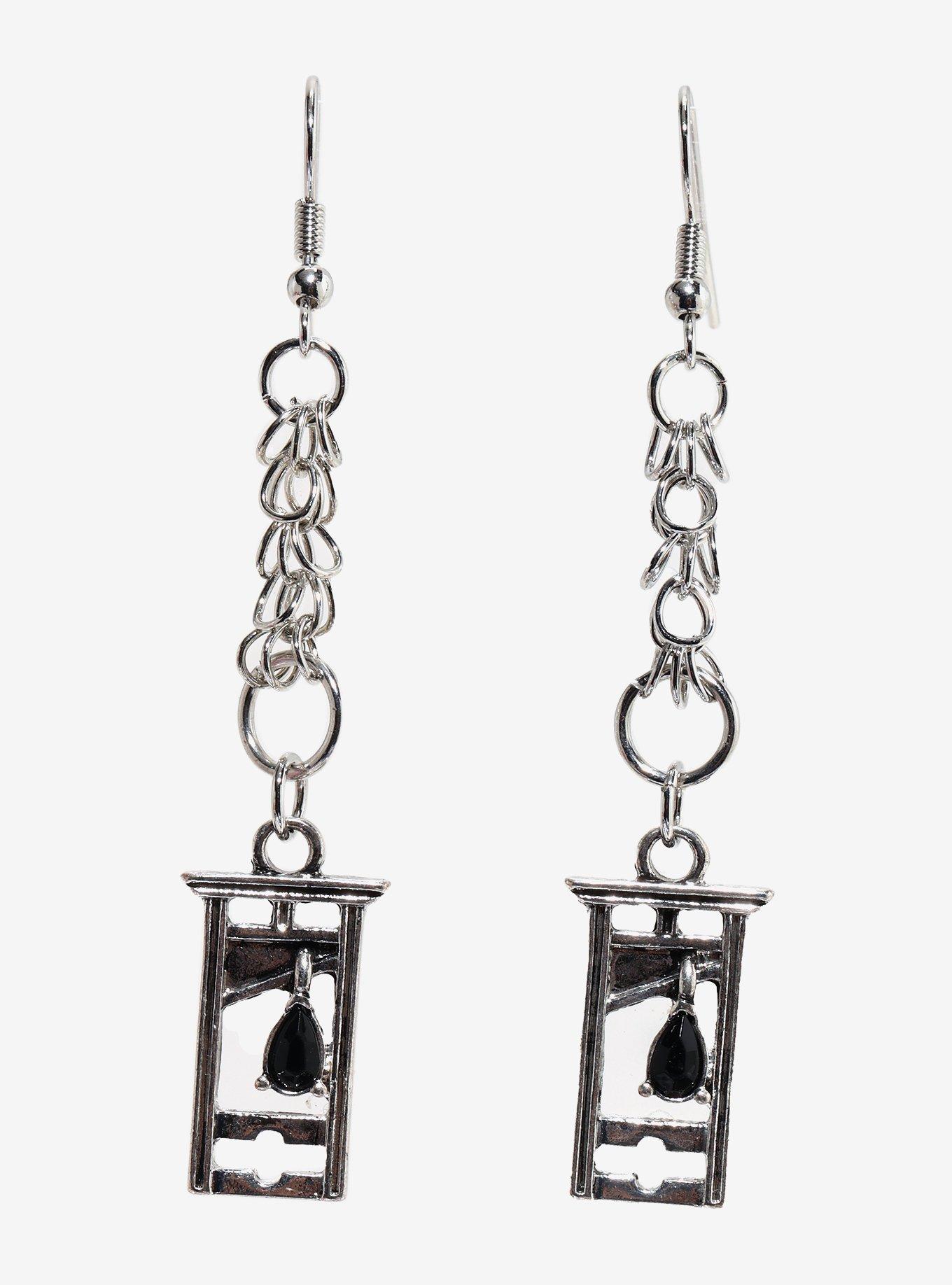 Chain Mail Guillotine Black Gem Earrings, , hi-res