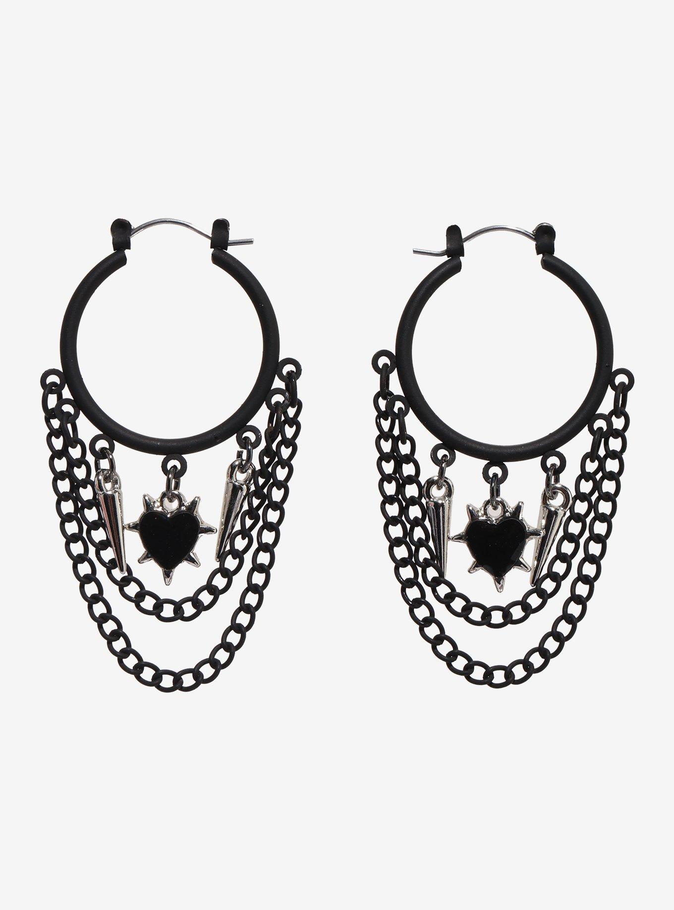 Black Heart Chain Hoop Earrings, , hi-res