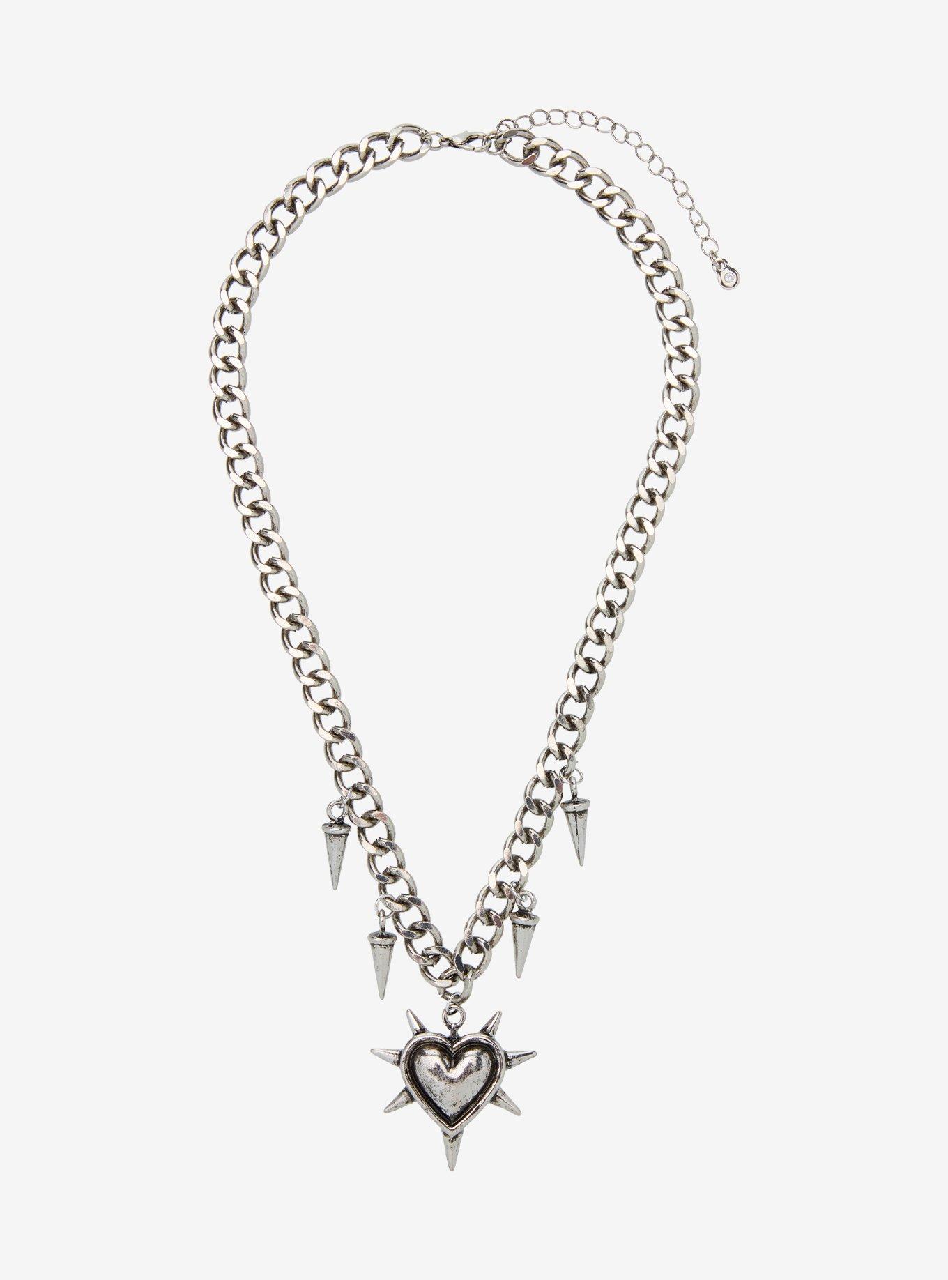 Silver Spike Heart Chunky Chain Necklace, , hi-res