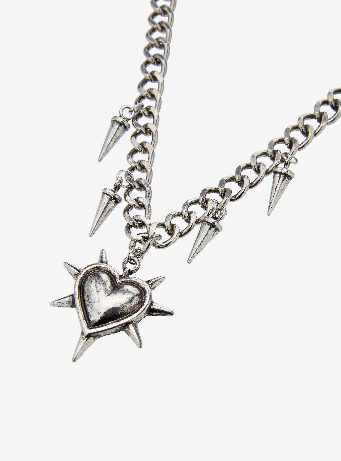 Silver Spike Heart Chunky Chain Necklace, , alternate